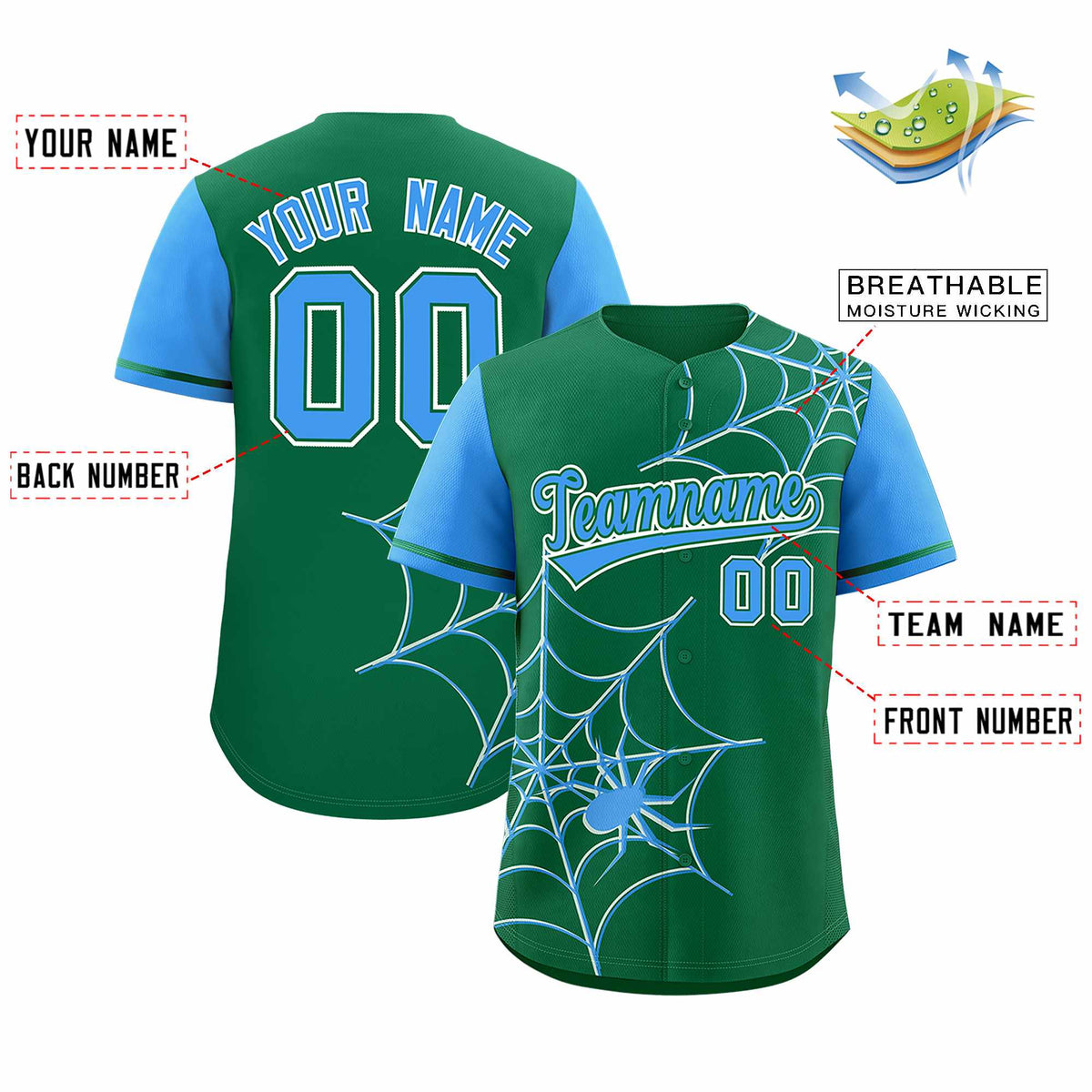 Custom Kelly Green-Powder Blue Spider Web Pattern Raglan Sleeves Authentic Baseball Jersey | KXKSHOP
