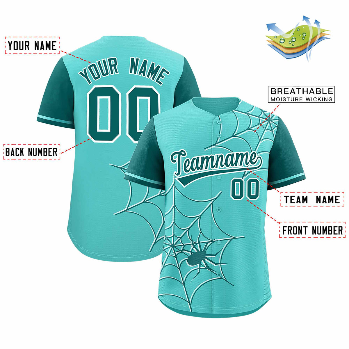 Custom Bright Green-Aqua Spider Web Pattern Raglan Sleeves Authentic Baseball Jersey | KXKSHOP