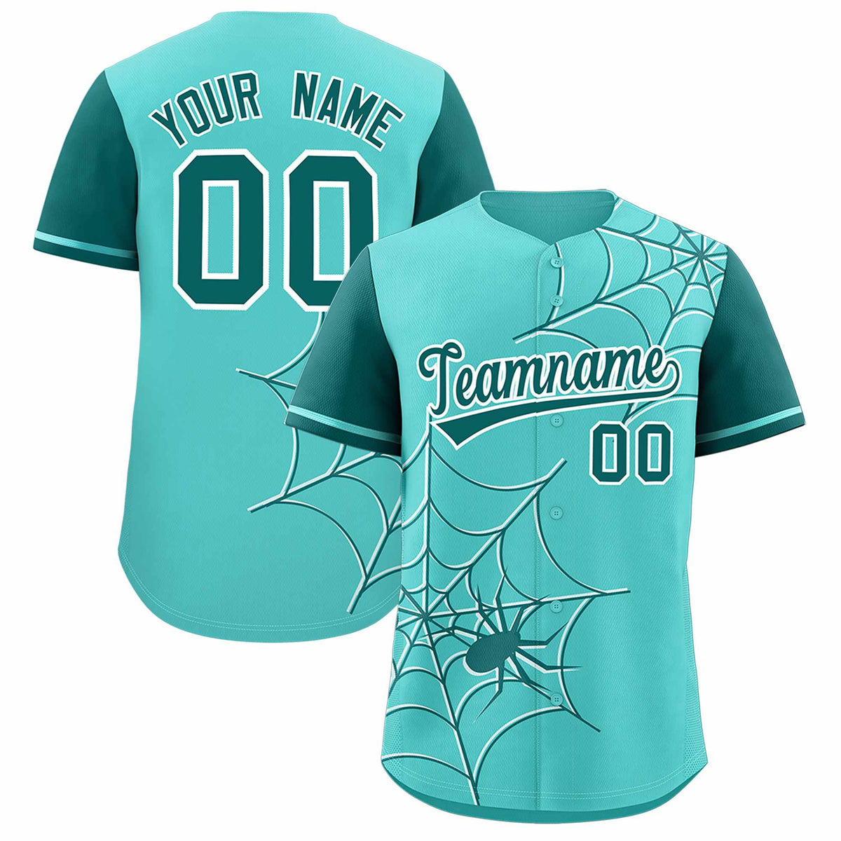 Custom Bright Green-Aqua Spider Web Pattern Raglan Sleeves Authentic Baseball Jersey | KXKSHOP