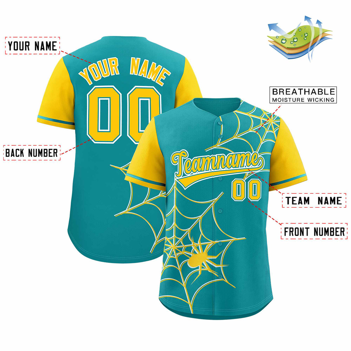 Custom Aqua-Gold Spider Web Pattern Raglan Sleeves Authentic Baseball Jersey | KXKSHOP