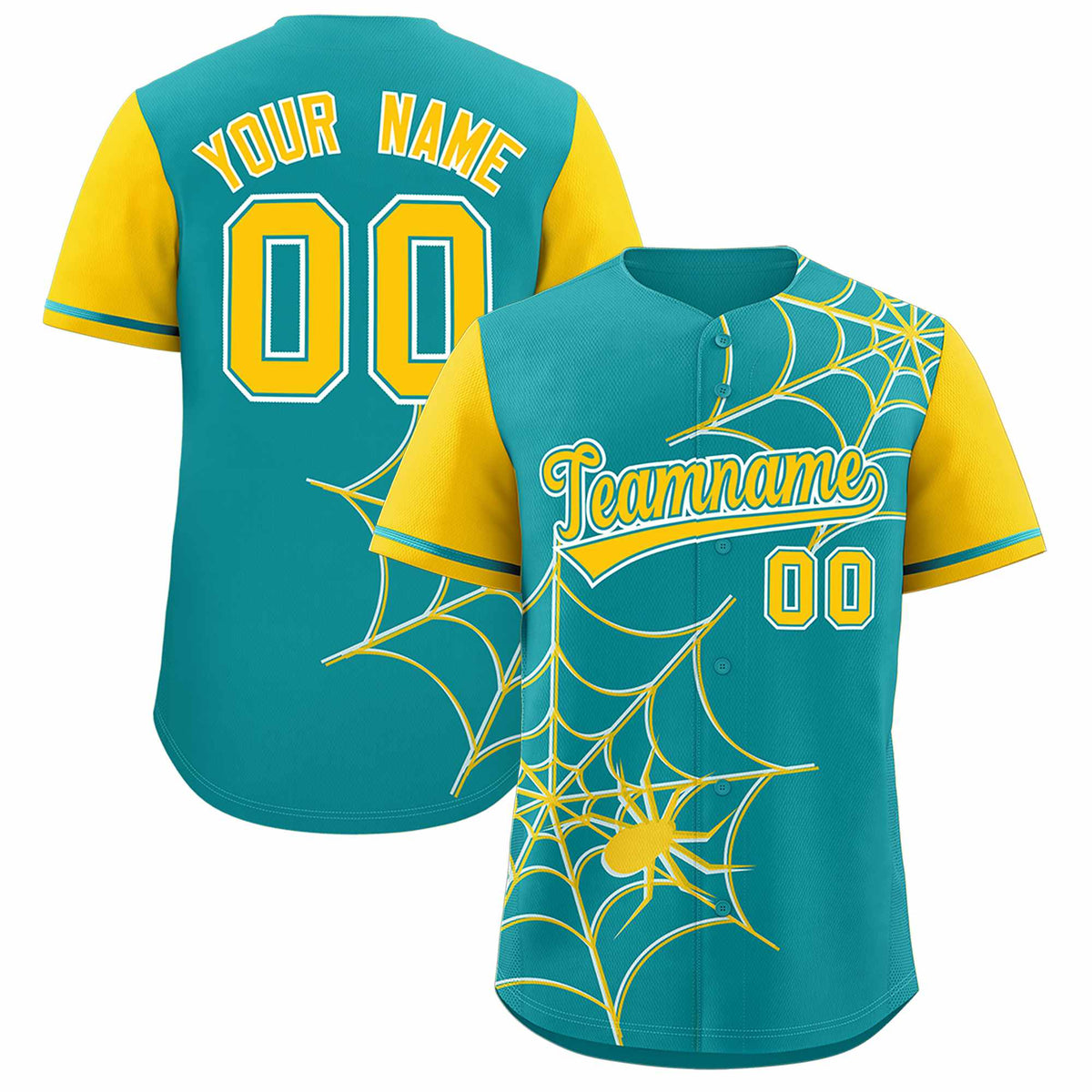 Custom Aqua-Gold Spider Web Pattern Raglan Sleeves Authentic Baseball Jersey | KXKSHOP