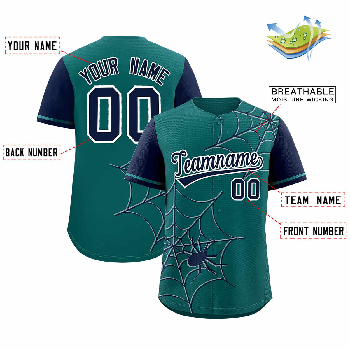 Custom Aqua-Navy Spider Web Pattern Raglan Sleeves Authentic Baseball Jersey | KXKSHOP
