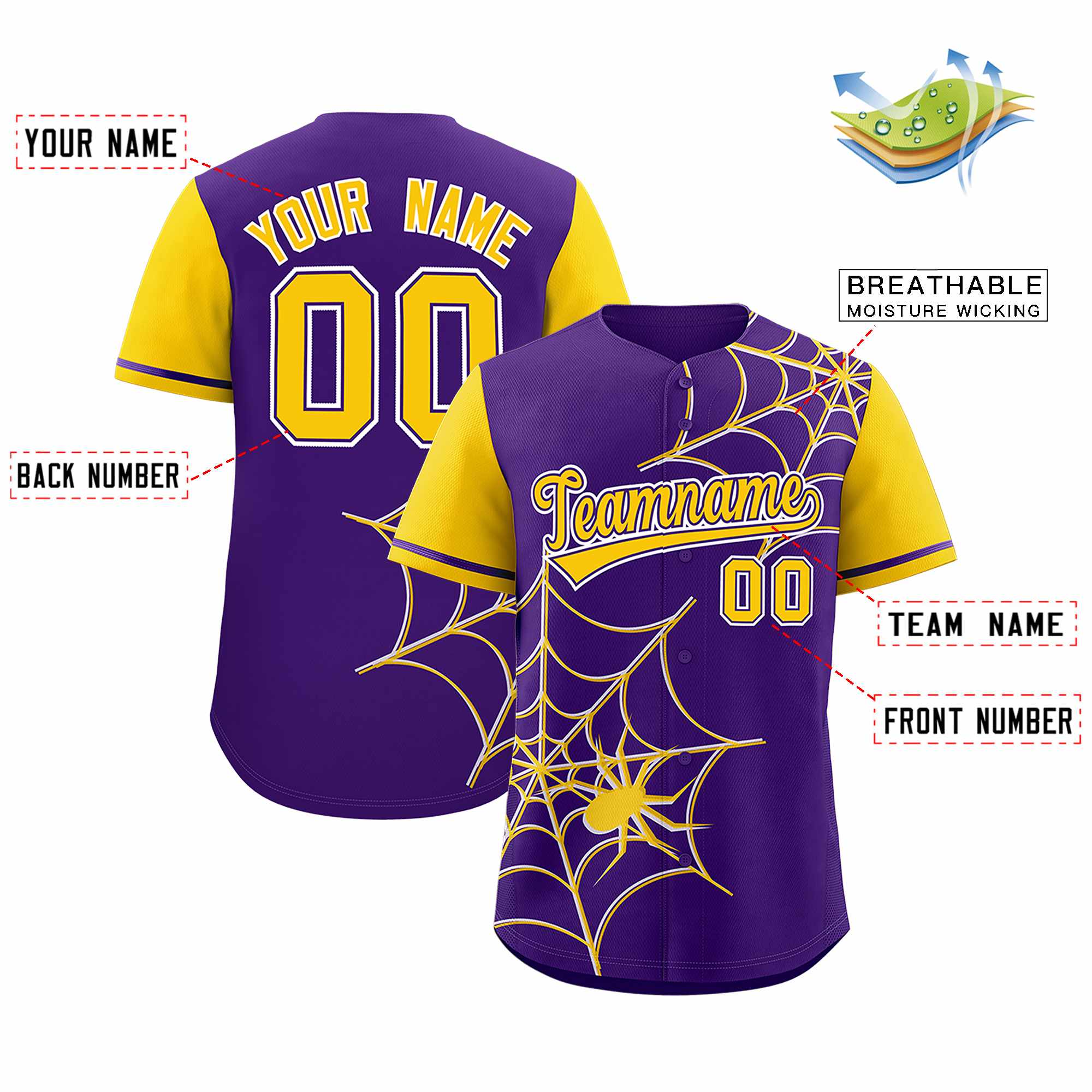 Custom Purple-Gold Spider Web Pattern Raglan Sleeves Authentic Baseball Jersey | KXKSHOP