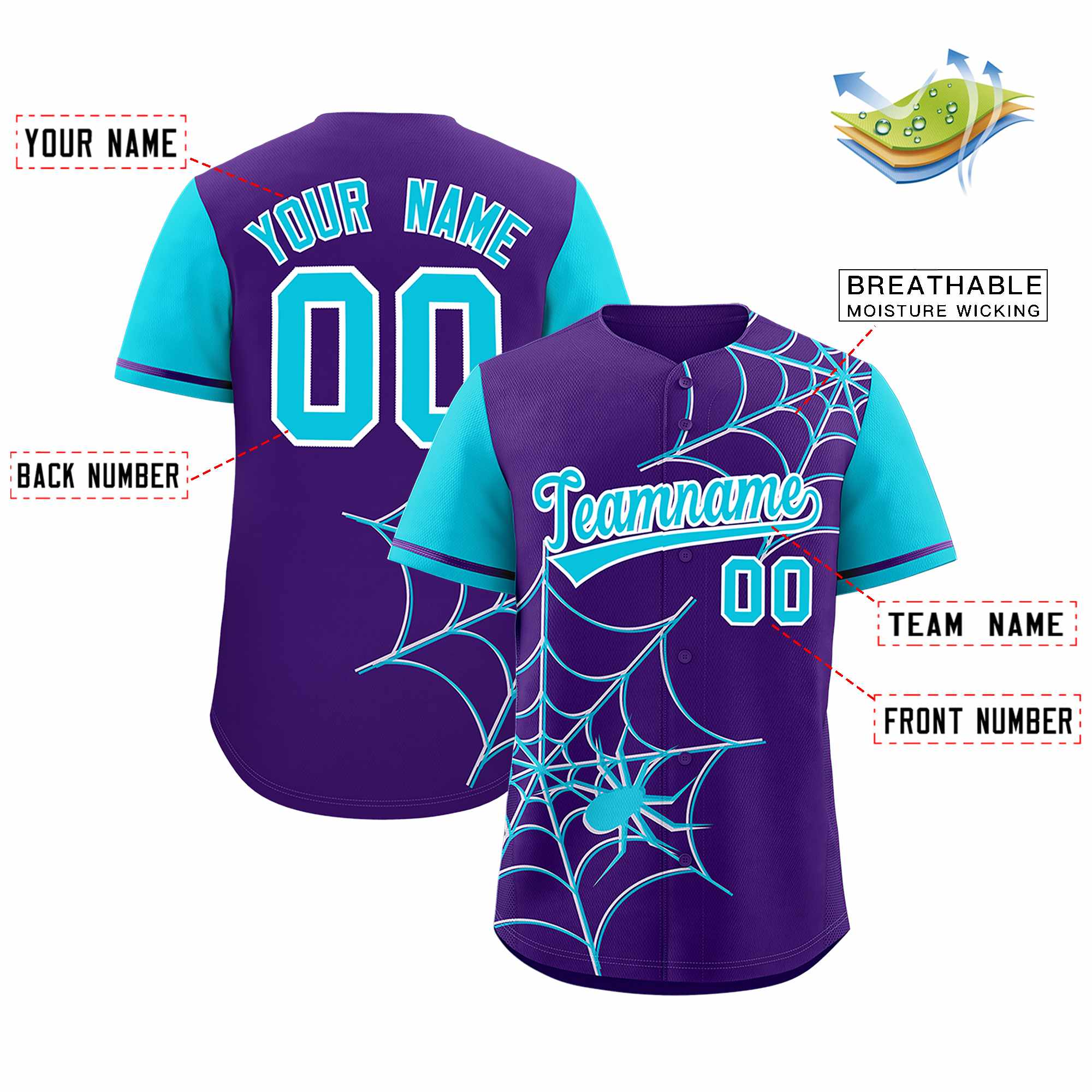 Custom Purple-Sky Blue Spider Web Pattern Raglan Sleeves Authentic Baseball Jersey | KXKSHOP