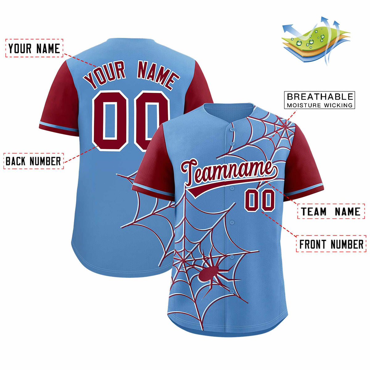 Custom Light Blue-Crimson Spider Web Pattern Raglan Sleeves Authentic Baseball Jersey | KXKSHOP