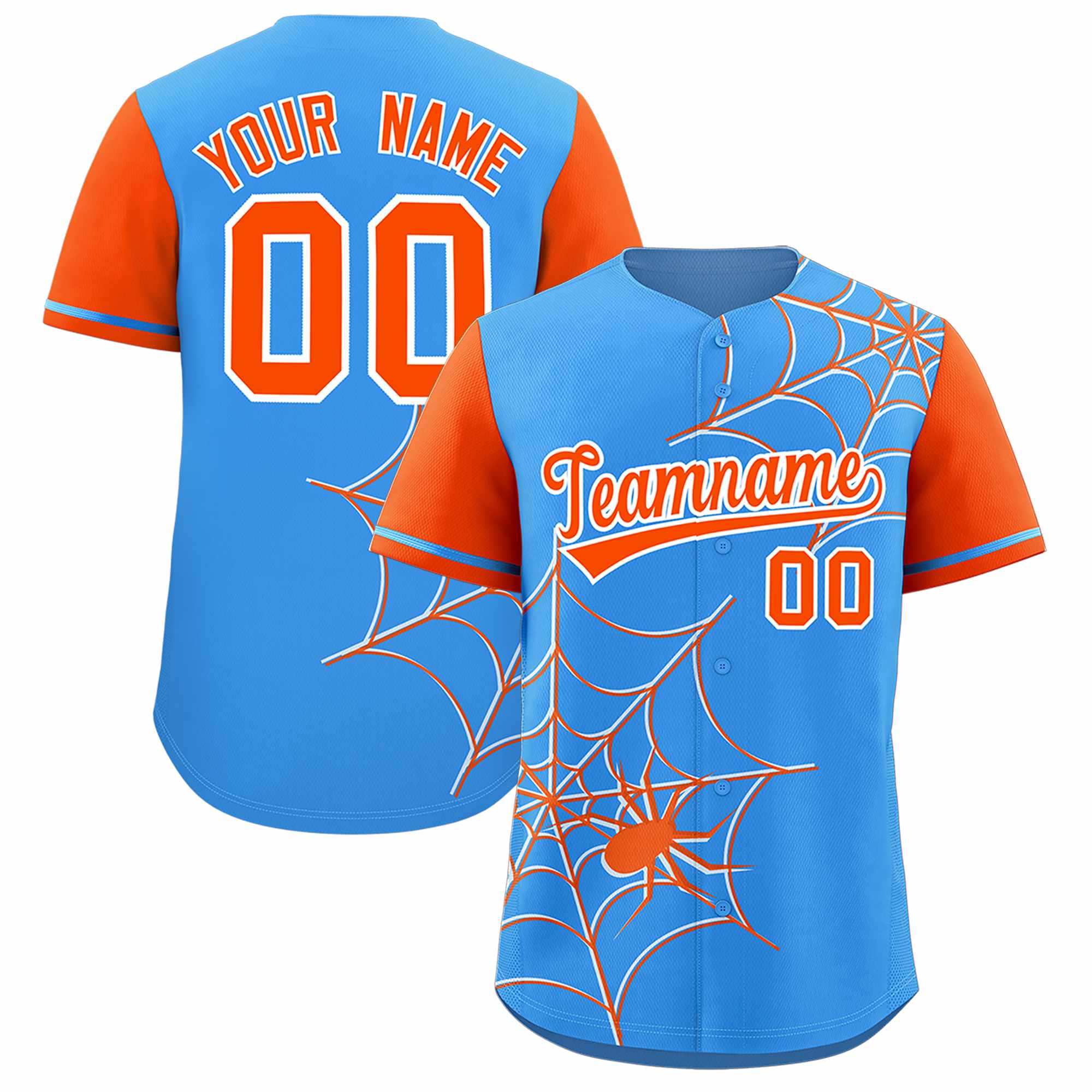Custom Powder Blue-Orange Spider Web Pattern Raglan Sleeves Authentic Baseball Jersey | KXKSHOP