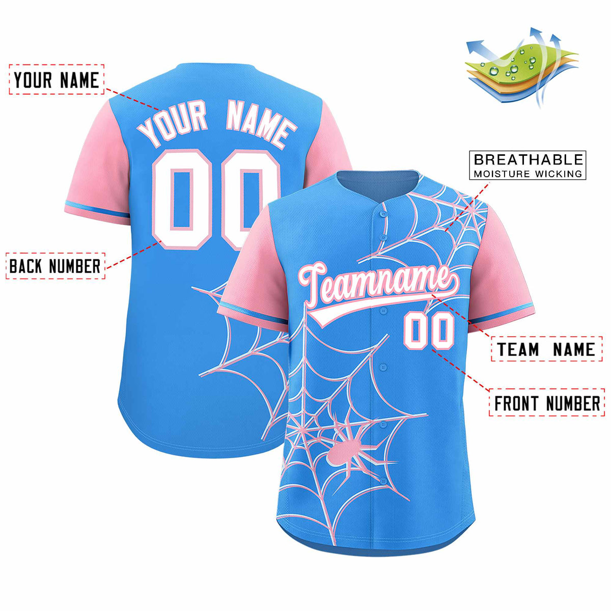 Custom Powder Blue-Light Pink Spider Web Pattern Raglan Sleeves Authentic Baseball Jersey | KXKSHOP
