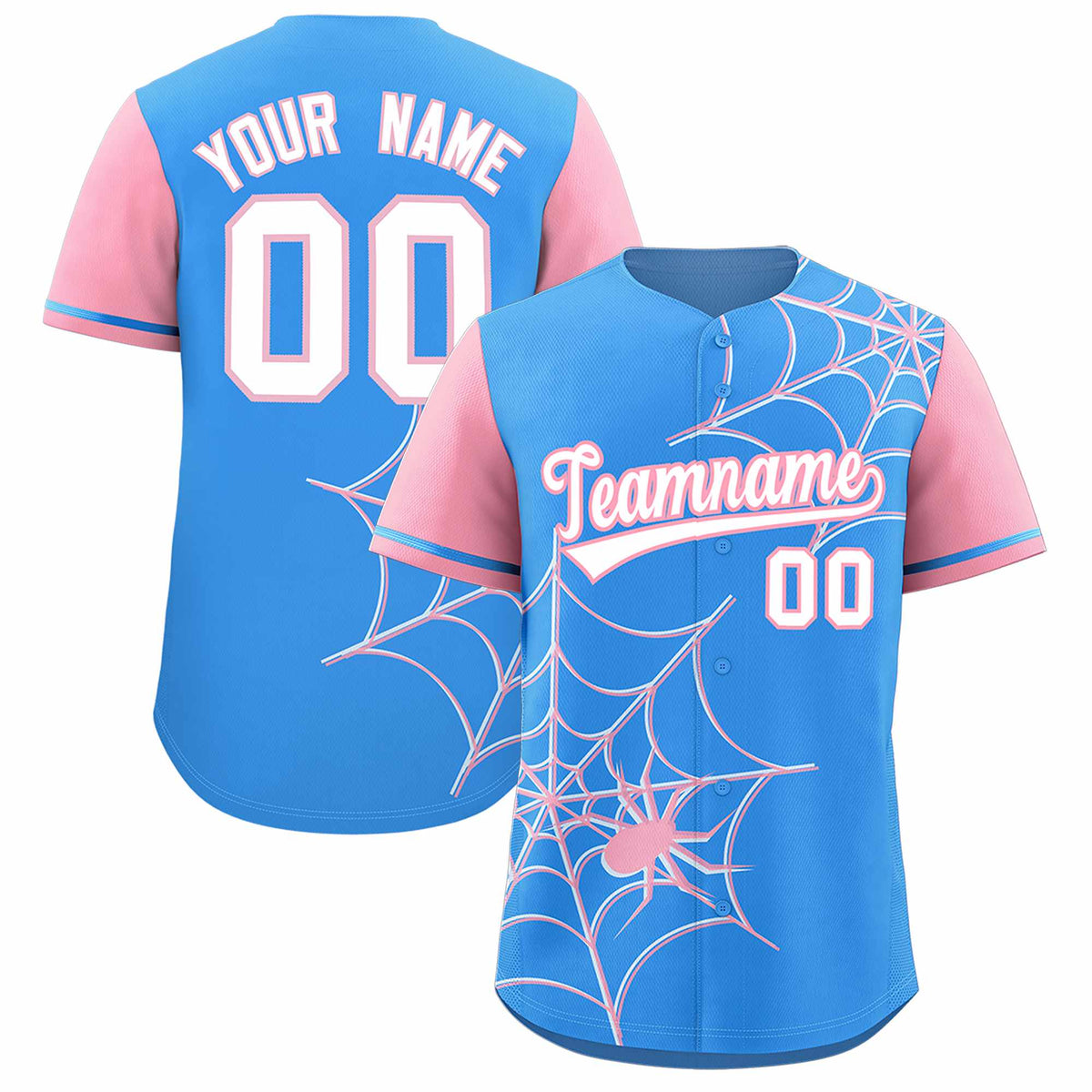 Custom Powder Blue-Light Pink Spider Web Pattern Raglan Sleeves Authentic Baseball Jersey | KXKSHOP