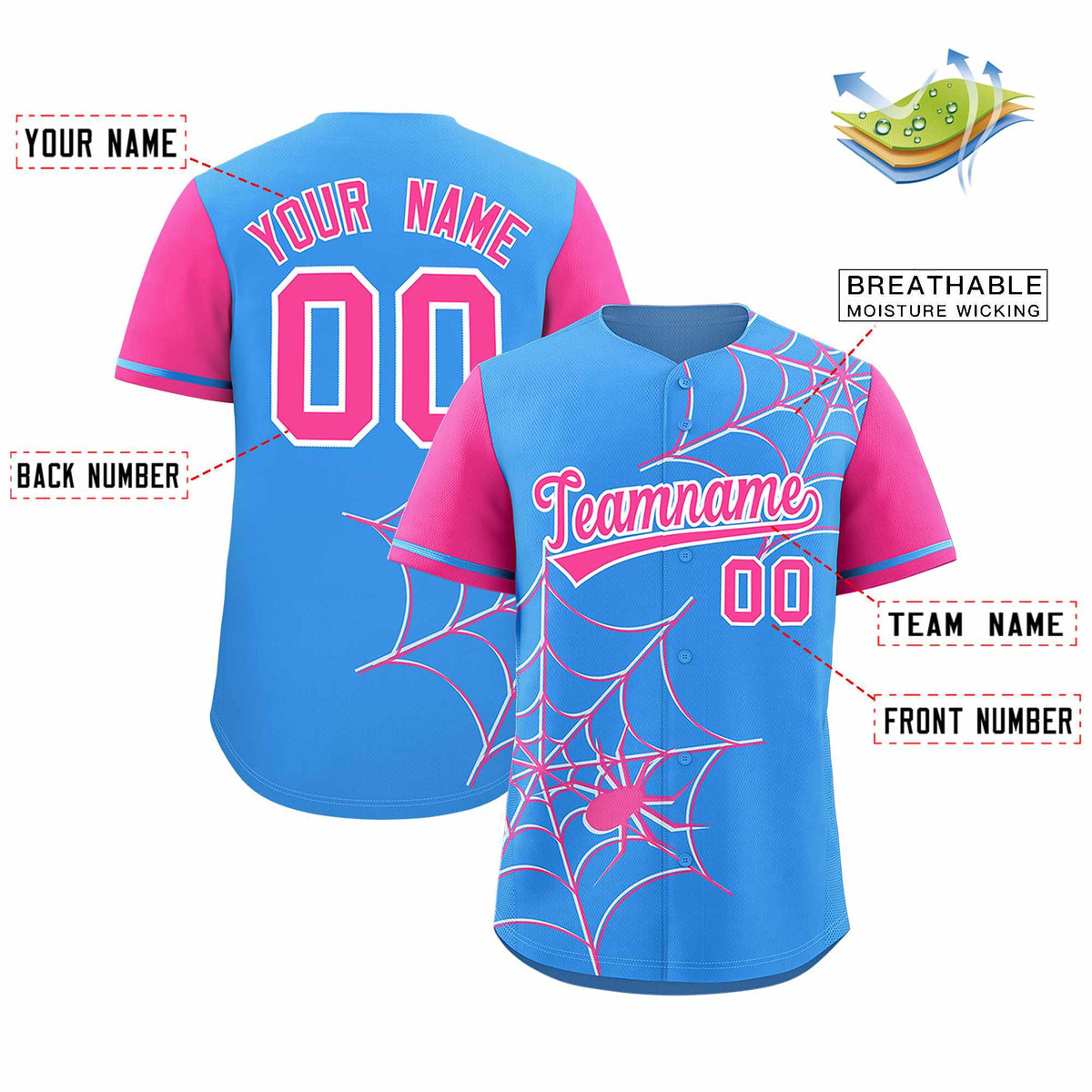 Custom Powder Blue-Pink Spider Web Pattern Raglan Sleeves Authentic Baseball Jersey | KXKSHOP