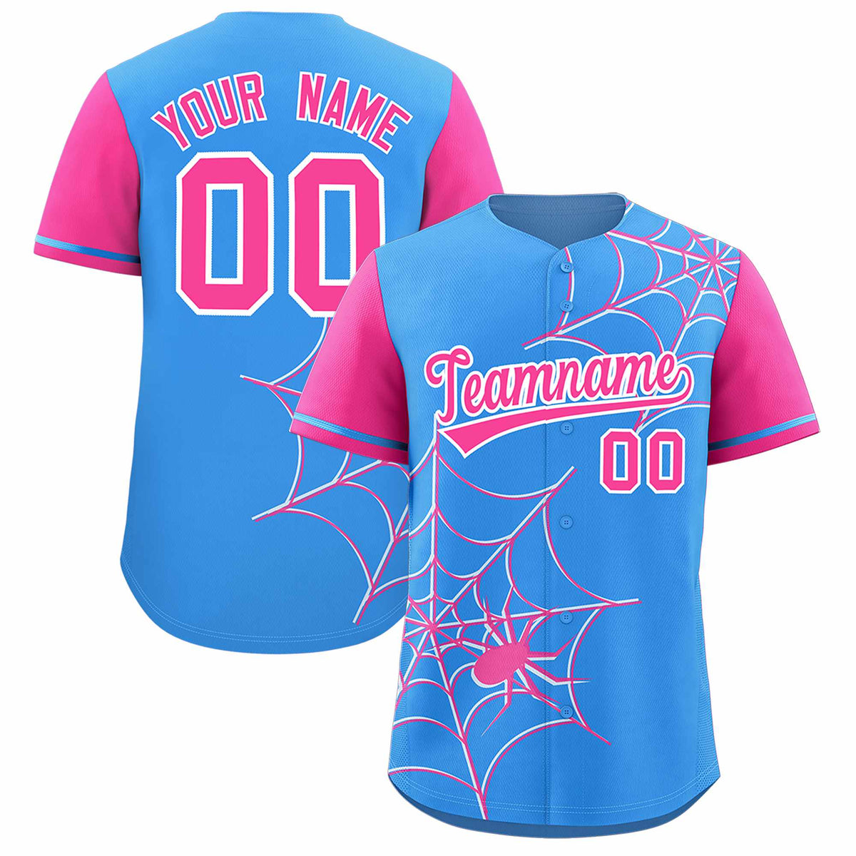 Custom Powder Blue-Pink Spider Web Pattern Raglan Sleeves Authentic Baseball Jersey | KXKSHOP