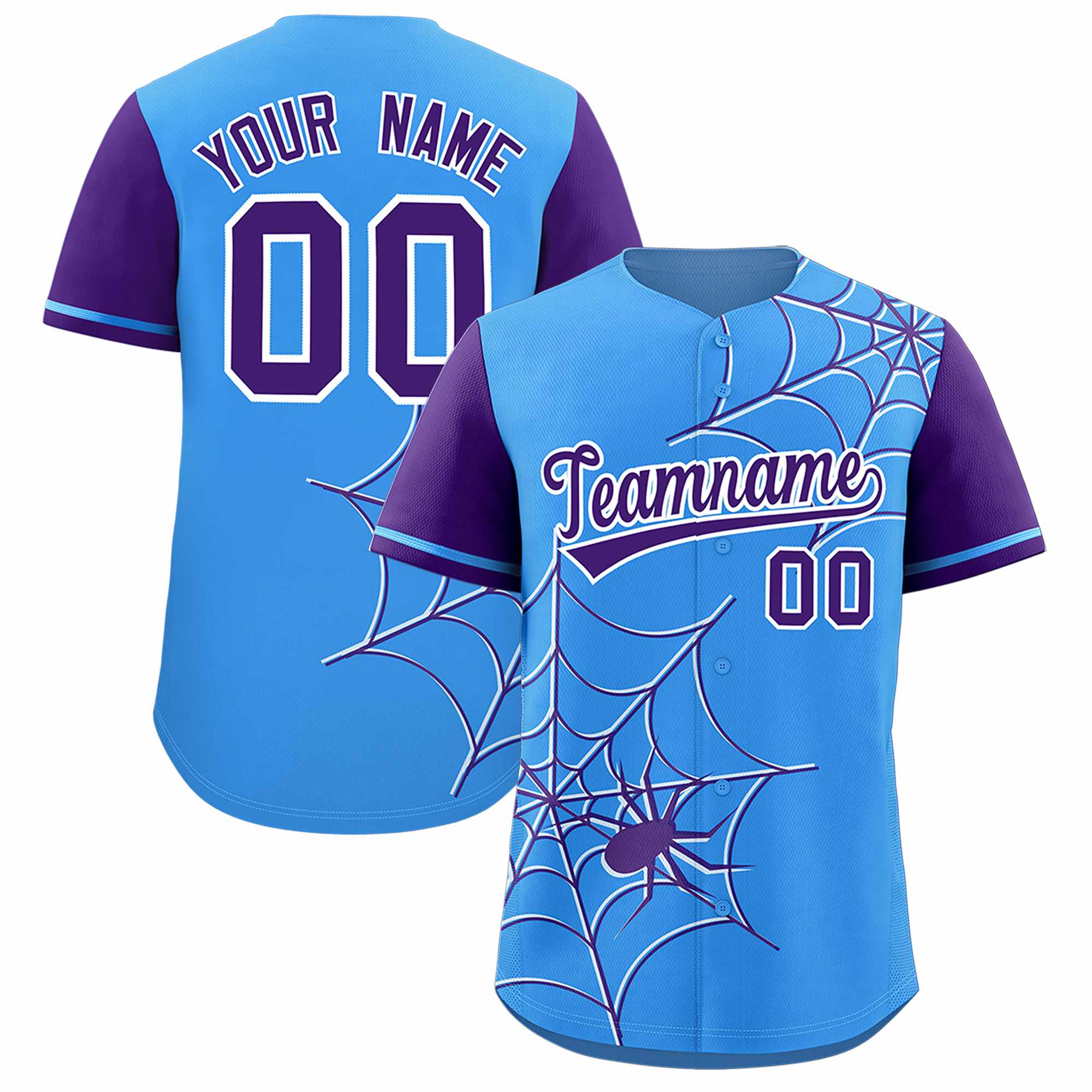Custom Powder Blue-Purple Spider Web Pattern Raglan Sleeves Authentic Baseball Jersey | KXKSHOP