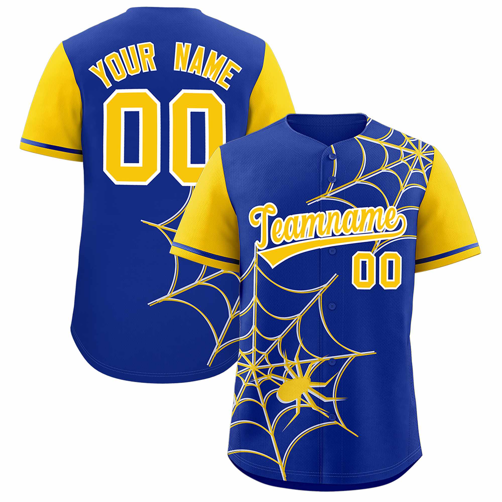 Custom Royal-Gold Spider Web Pattern Raglan Sleeves Authentic Baseball Jersey | KXKSHOP