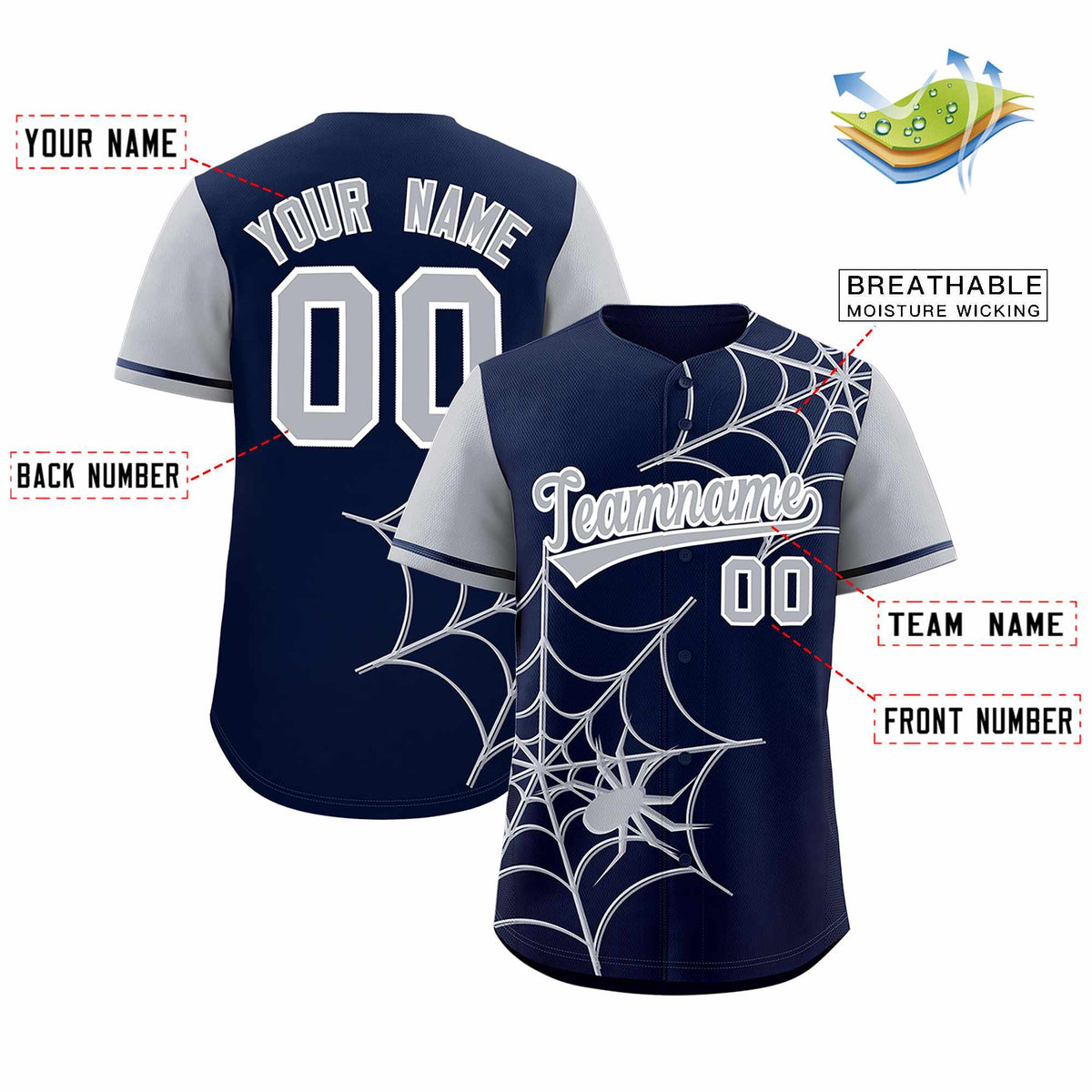 Custom Navy-Gray Spider Web Pattern Raglan Sleeves Authentic Baseball Jersey | KXKSHOP