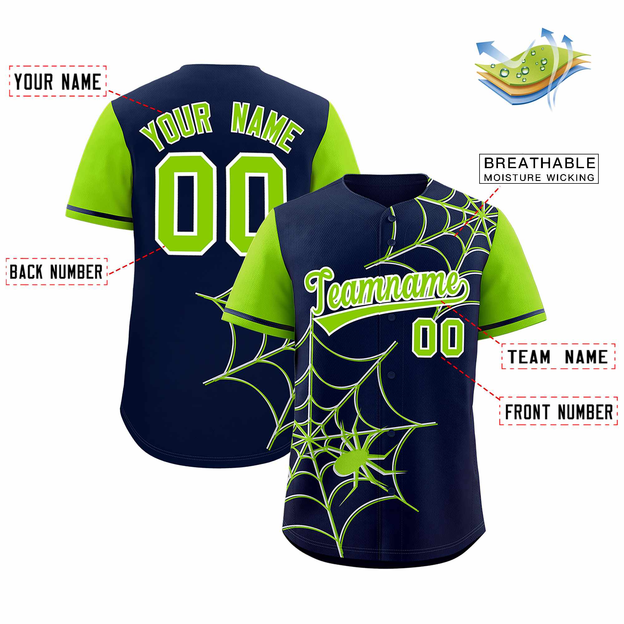 Custom Navy-Neon Green Spider Web Pattern Raglan Sleeves Authentic Baseball Jersey | KXKSHOP