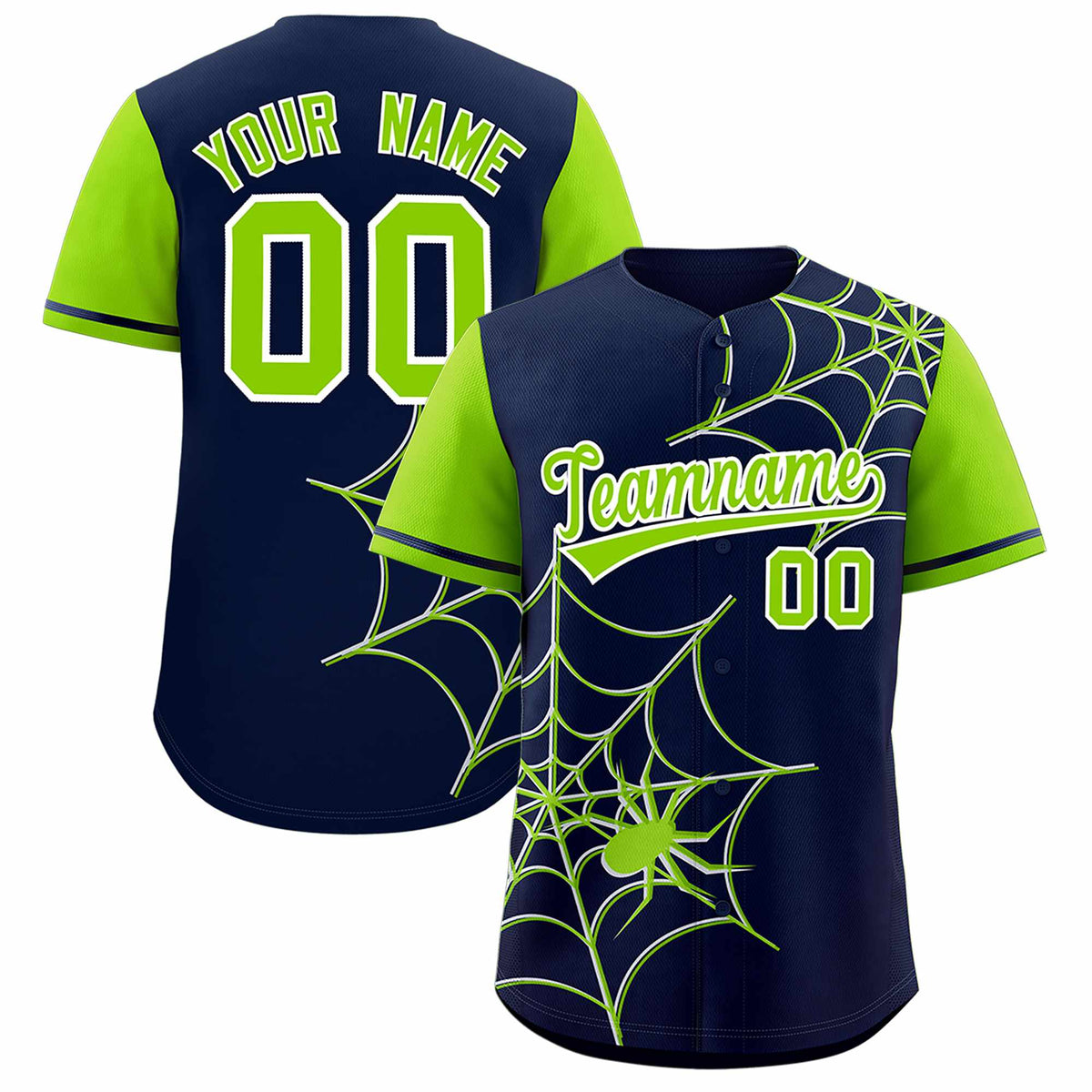Custom Navy-Neon Green Spider Web Pattern Raglan Sleeves Authentic Baseball Jersey | KXKSHOP