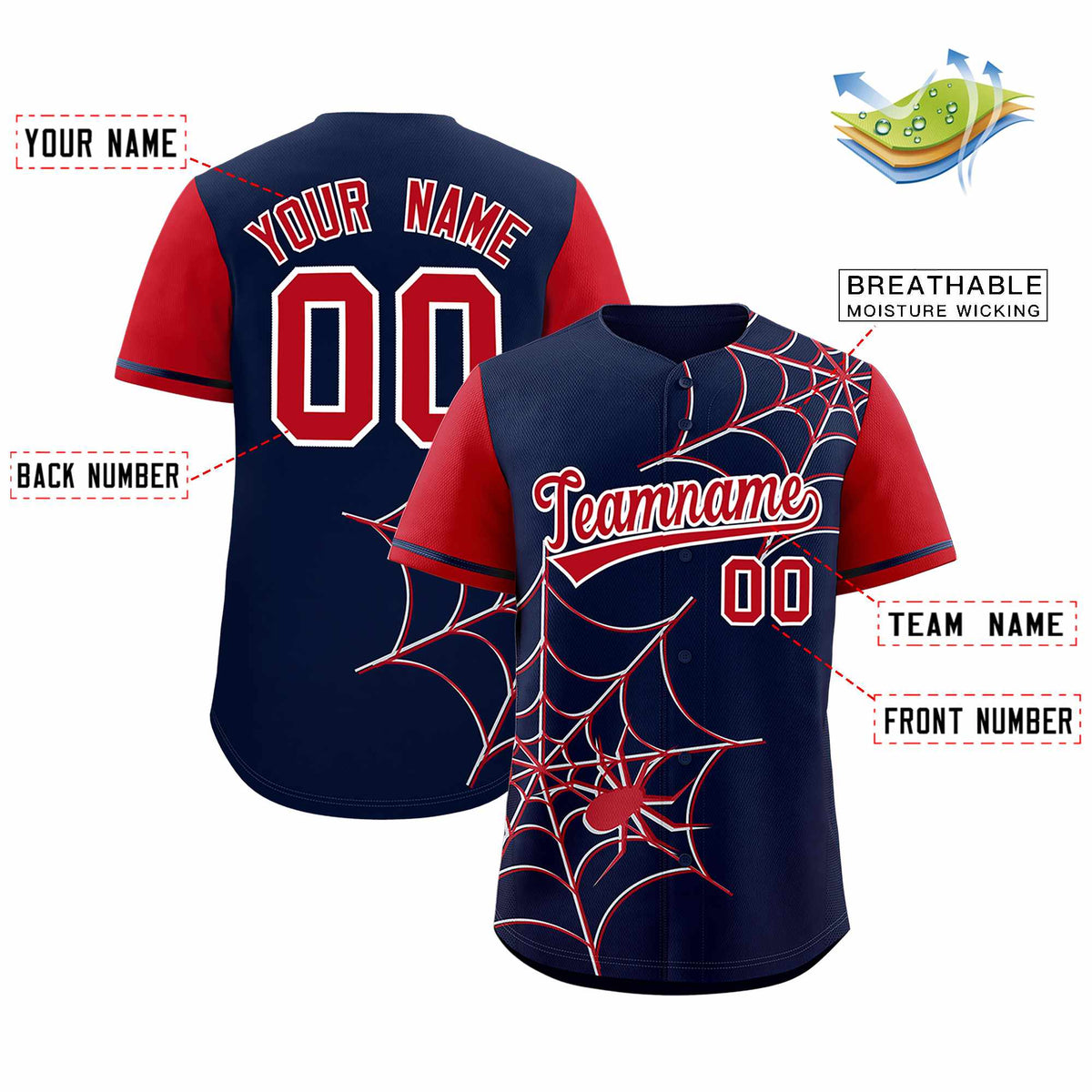 Custom Navy Red Spider Web Pattern Raglan Sleeves Authentic Baseball Jersey | KXKSHOP