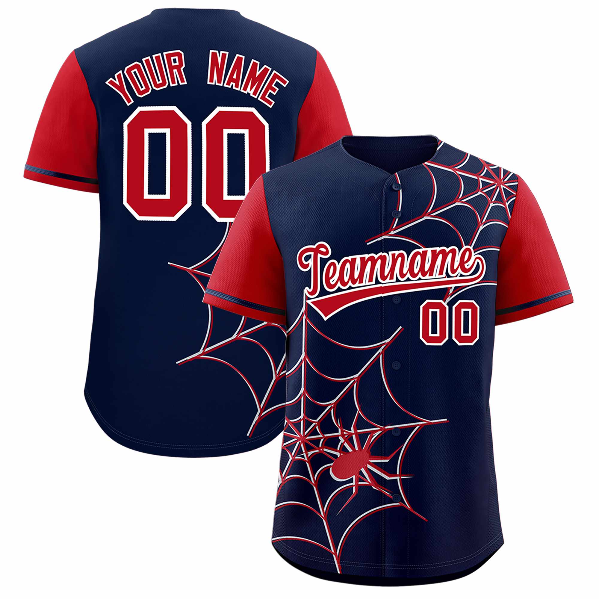 Custom Navy Red Spider Web Pattern Raglan Sleeves Authentic Baseball Jersey | KXKSHOP