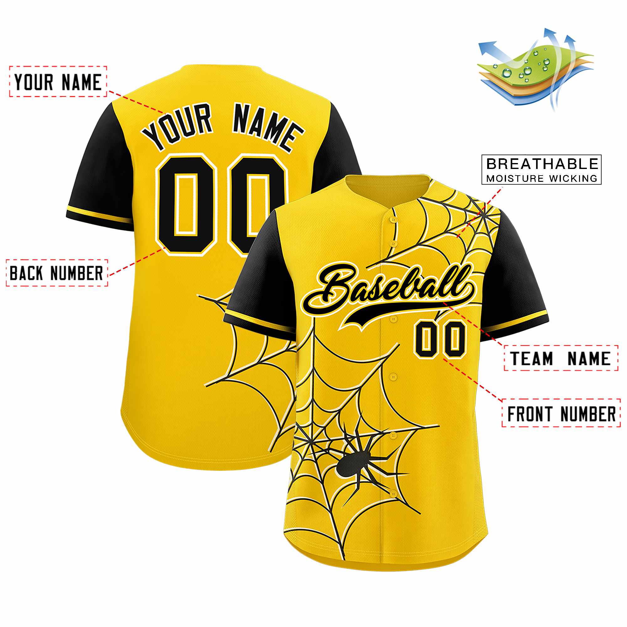 Custom Gold-Black Spider Web Pattern Raglan Sleeves Authentic Baseball Jersey | KXKSHOP
