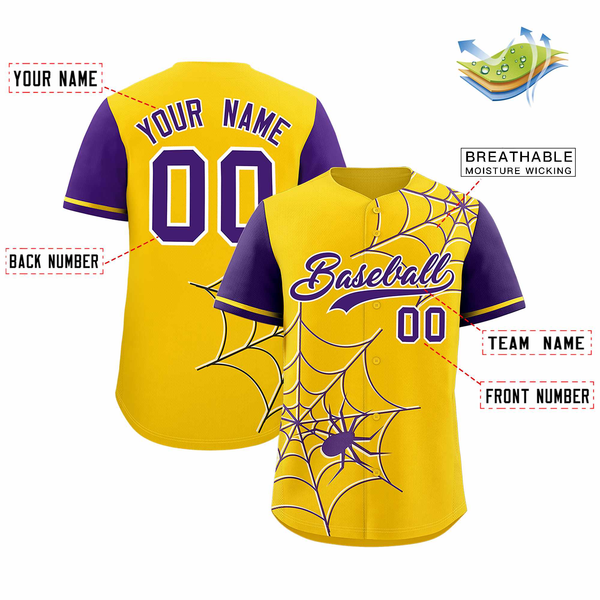 Custom Gold-Purple Spider Web Pattern Raglan Sleeves Authentic Baseball Jersey | KXKSHOP
