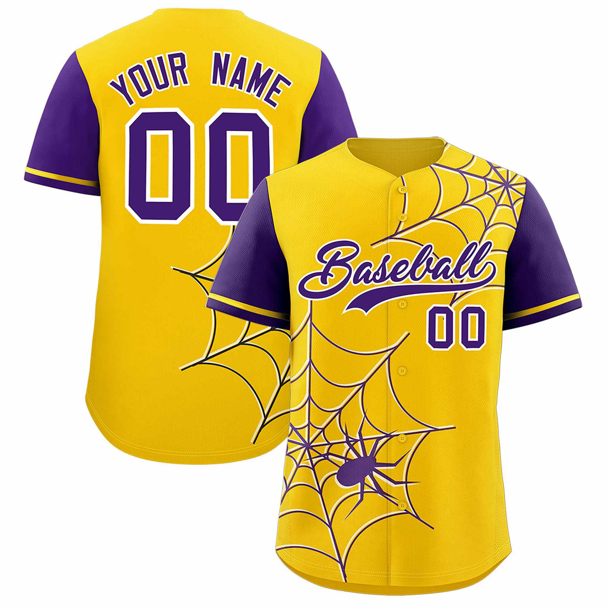 Custom Gold-Purple Spider Web Pattern Raglan Sleeves Authentic Baseball Jersey | KXKSHOP