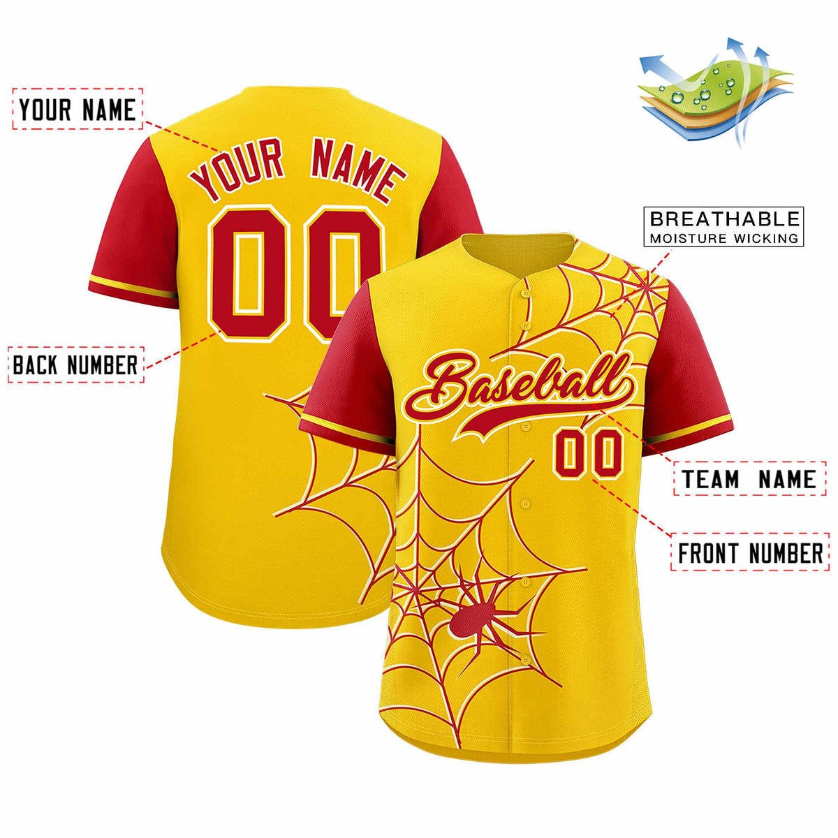 Custom Gold-Red Spider Web Pattern Raglan Sleeves Authentic Baseball Jersey | KXKSHOP