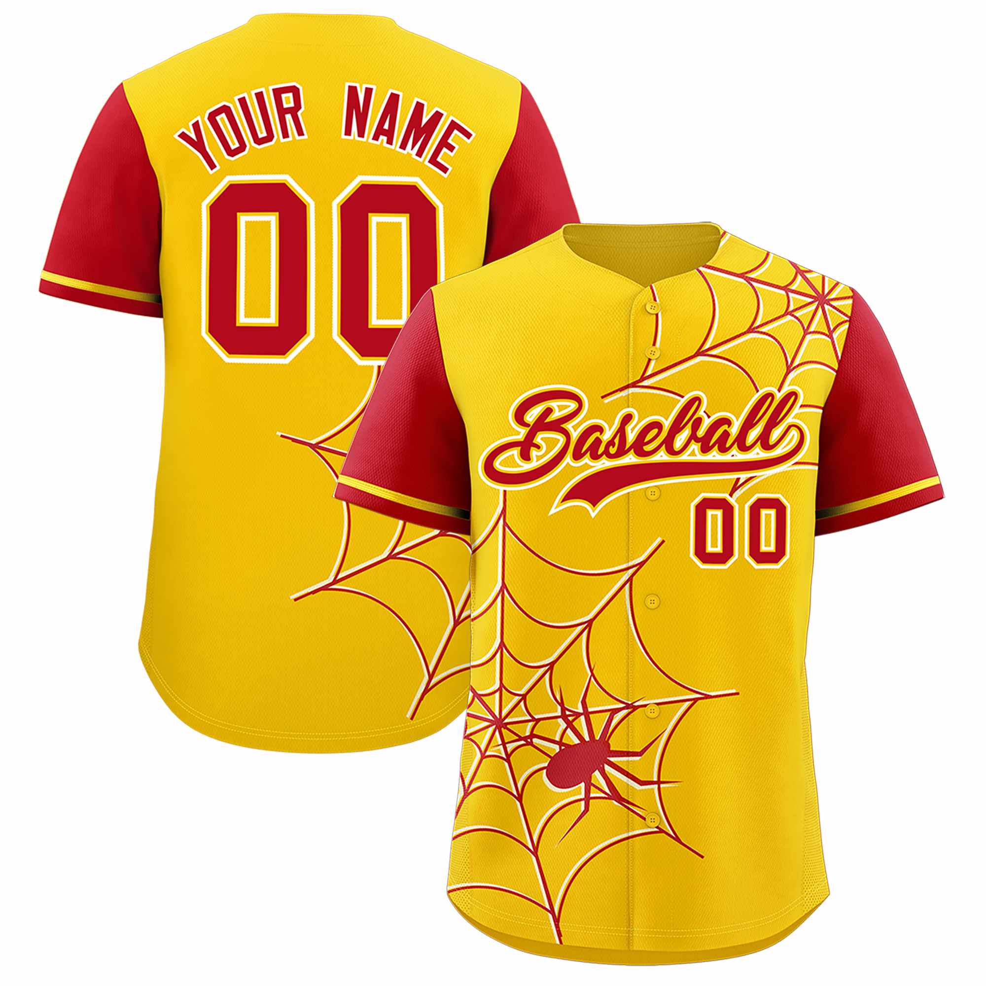 Custom Gold-Red Spider Web Pattern Raglan Sleeves Authentic Baseball Jersey | KXKSHOP
