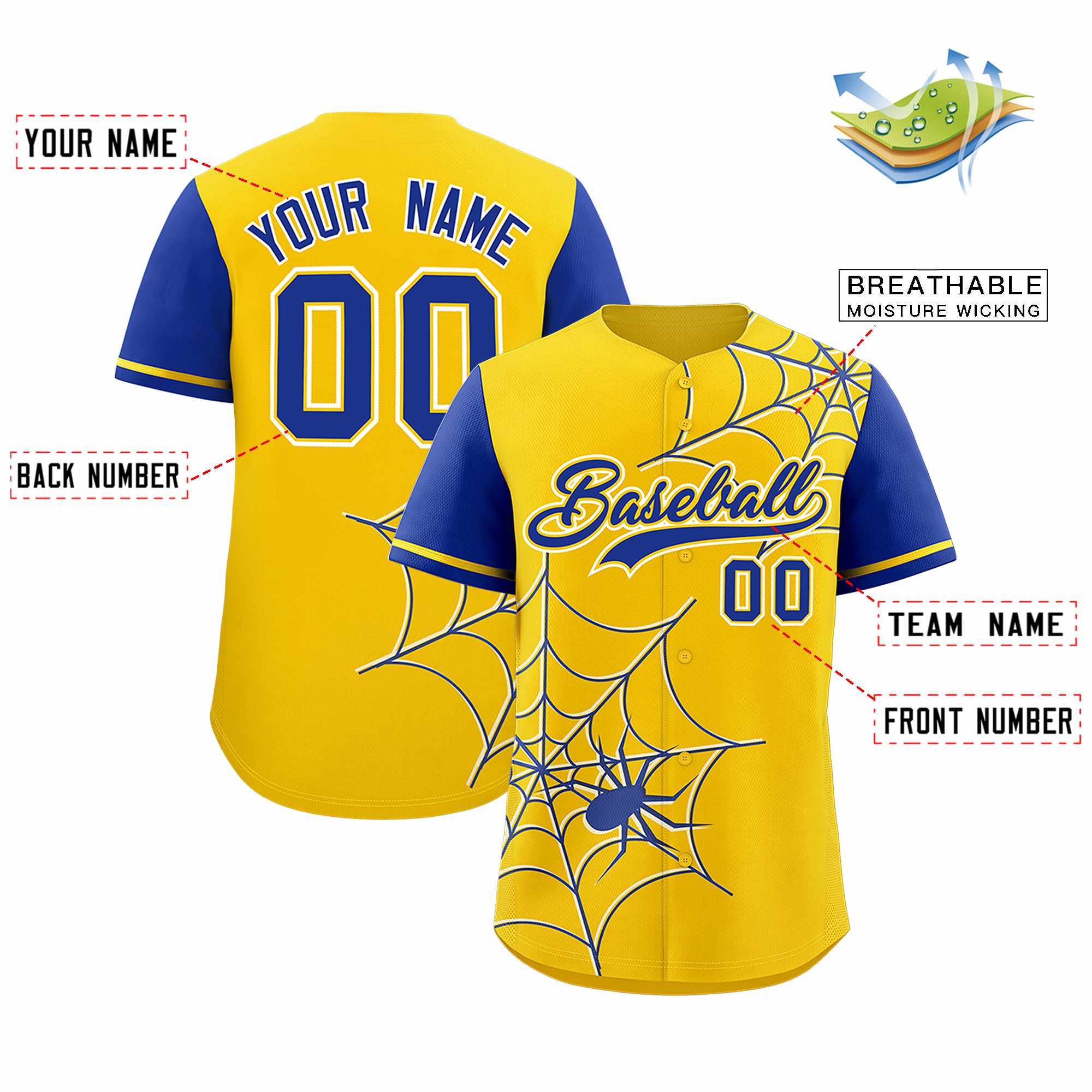 Custom Gold-Royal Spider Web Pattern Raglan Sleeves Authentic Baseball Jersey | KXKSHOP