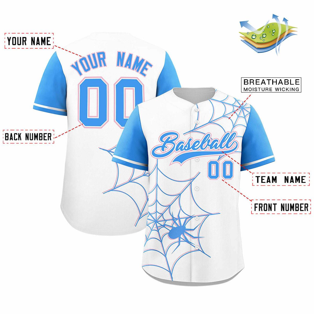 Custom White-Powder Blue Spider Web Pattern Raglan Sleeves Authentic Baseball Jersey | KXKSHOP