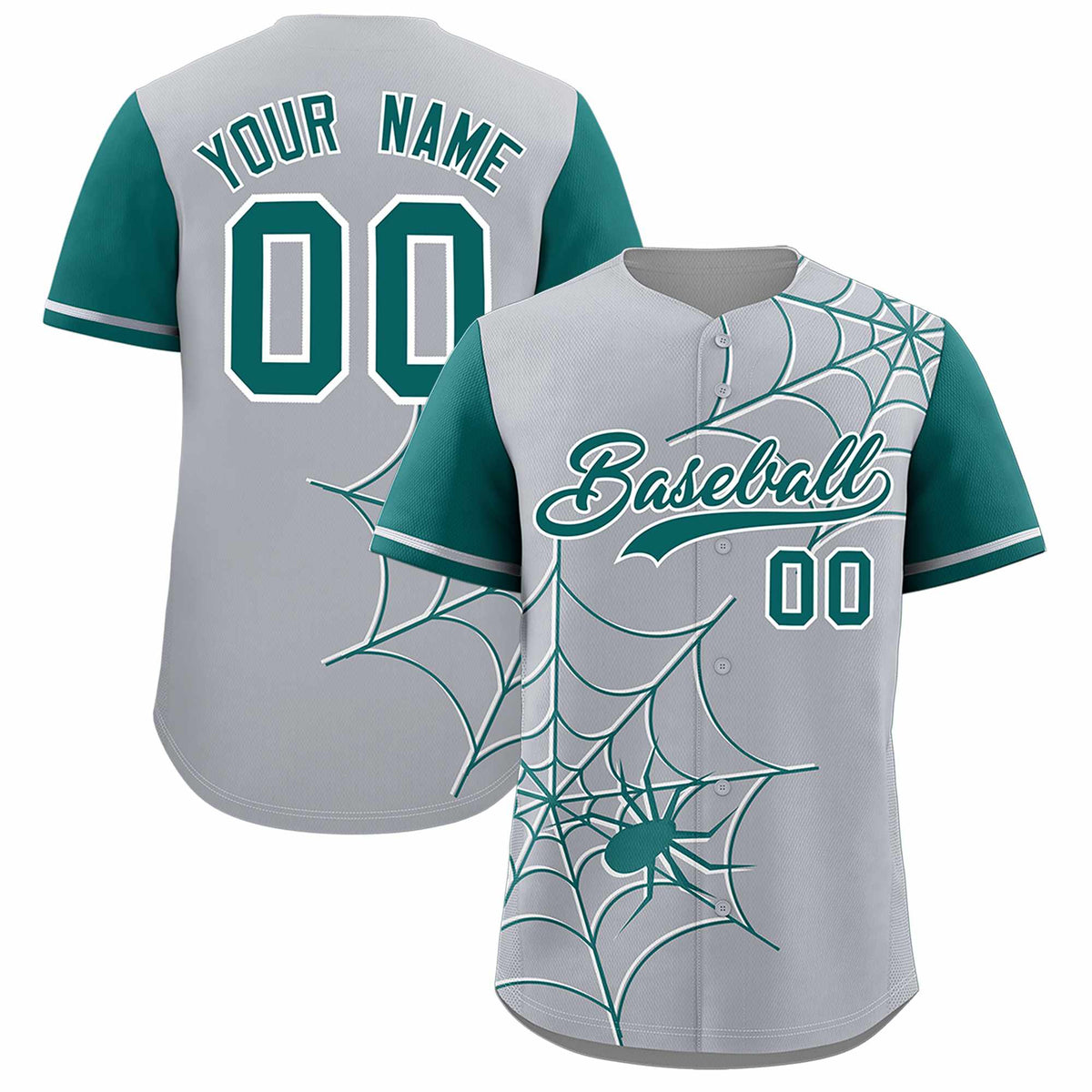 Custom Gray-Aqua Spider Web Pattern Raglan Sleeves Authentic Baseball Jersey | KXKSHOP