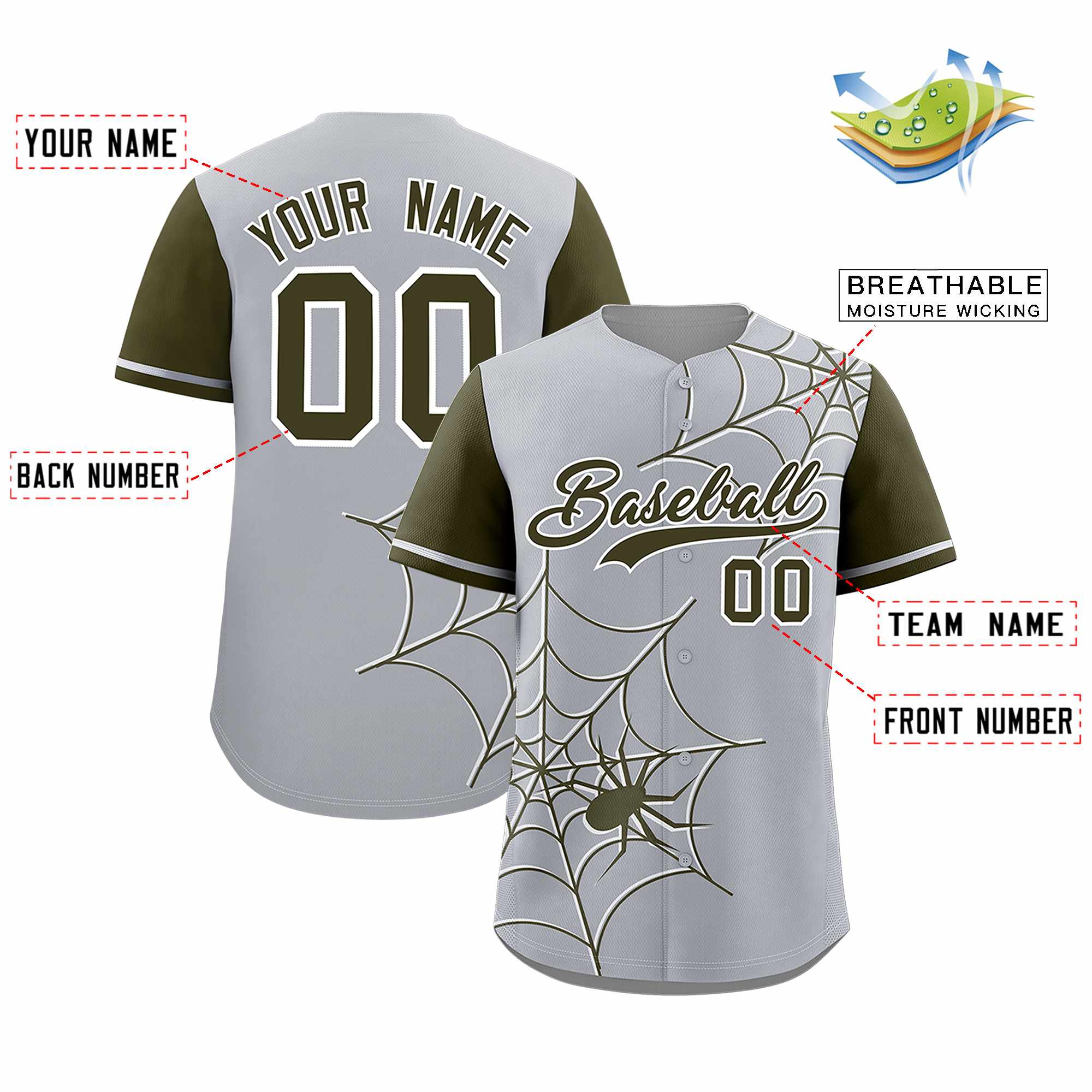 Custom Gray-Olive Spider Web Pattern Raglan Sleeves Authentic Baseball Jersey | KXKSHOP
