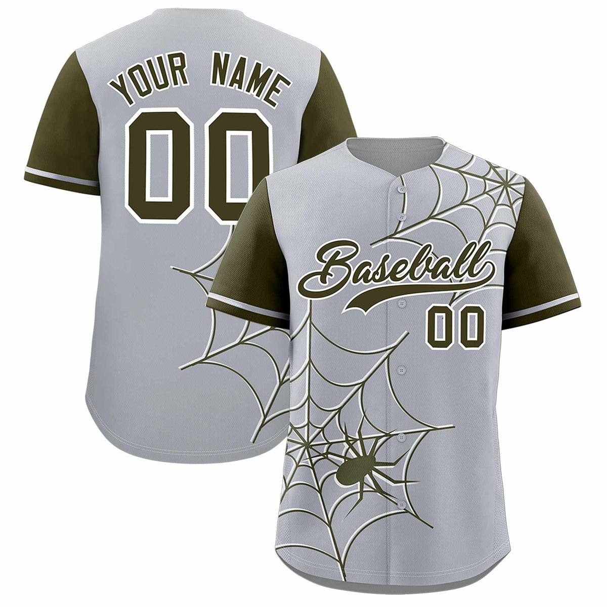 Custom Gray-Olive Spider Web Pattern Raglan Sleeves Authentic Baseball Jersey | KXKSHOP