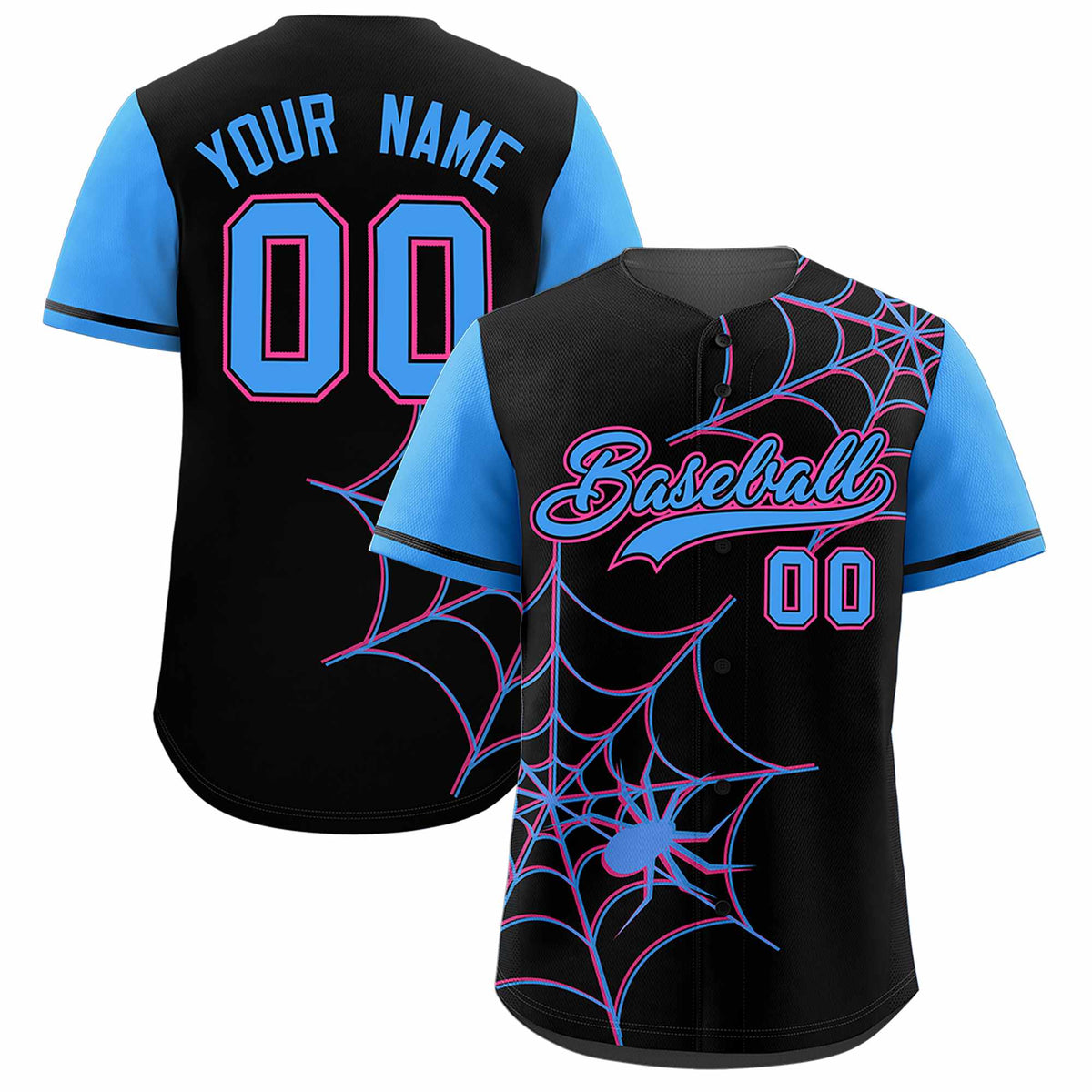 Custom Black-Powder Blue Spider Web Pattern Raglan Sleeves Authentic Baseball Jersey | KXKSHOP