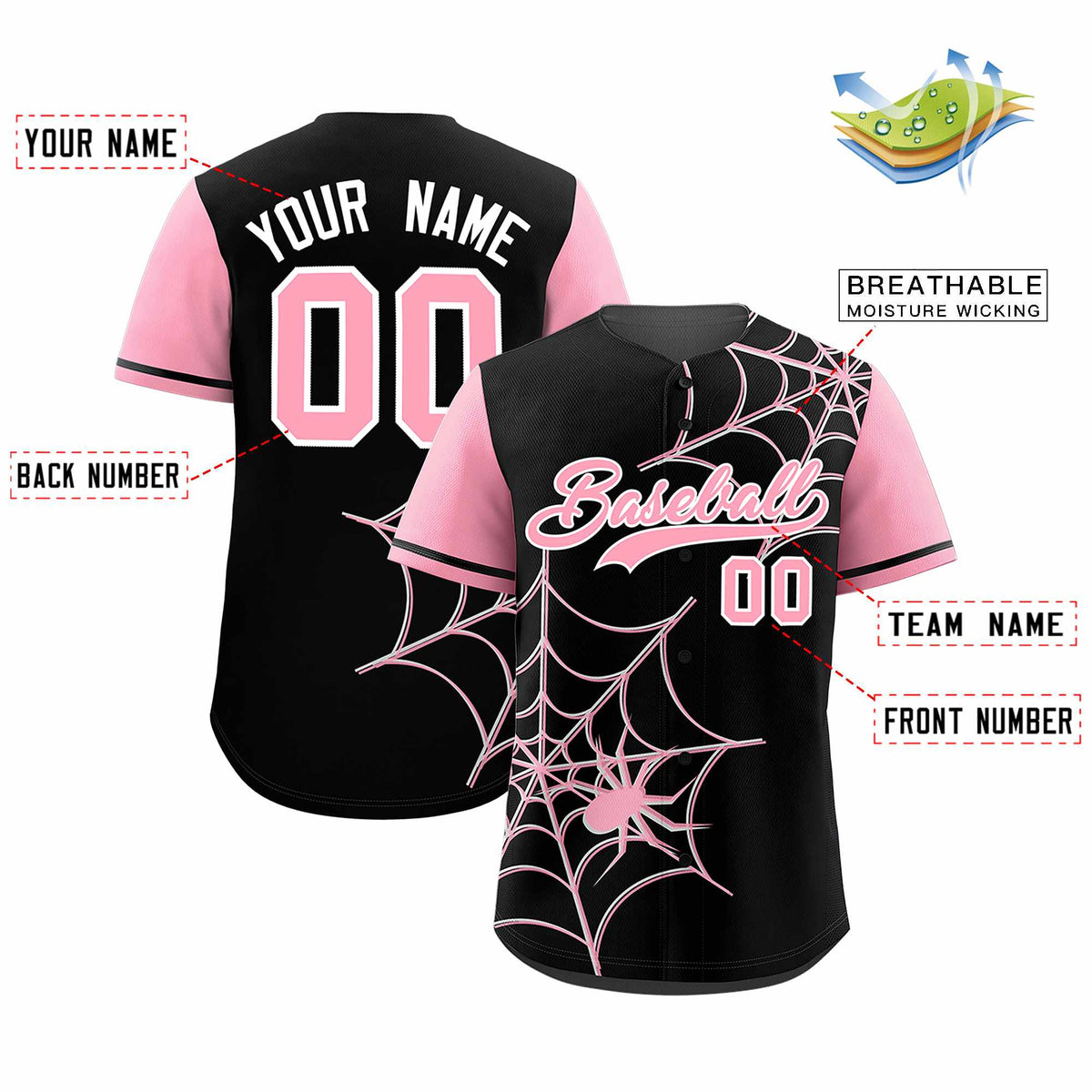 Custom Black-Light Pink Spider Web Pattern Raglan Sleeves Authentic Baseball Jersey | KXKSHOP