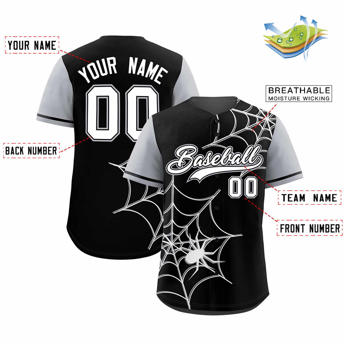 Custom Black-Gray Spider Web Pattern Raglan Sleeves Authentic Baseball Jersey | KXKSHOP