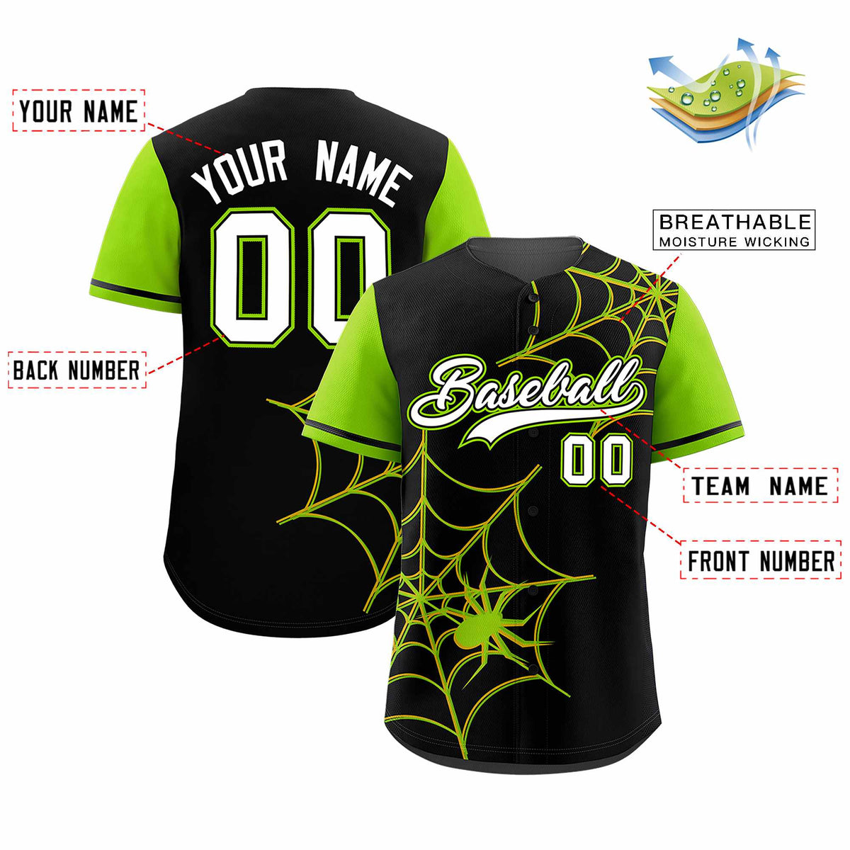 Custom Black-Neon Green Spider Web Pattern Raglan Sleeves Authentic Baseball Jersey | KXKSHOP