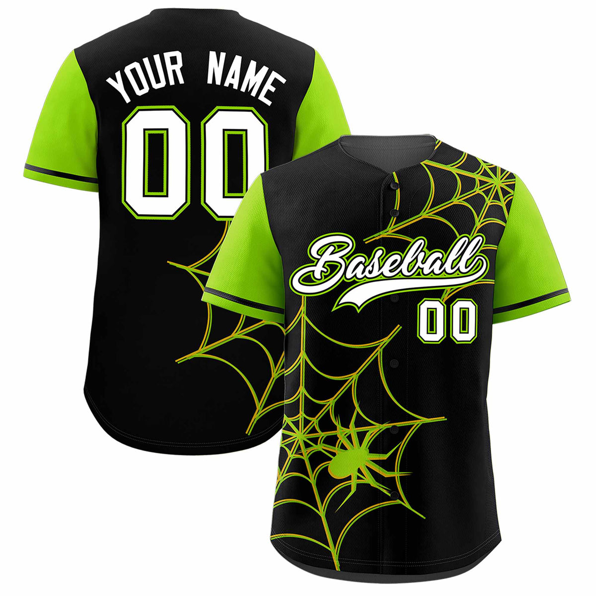 Custom Black-Neon Green Spider Web Pattern Raglan Sleeves Authentic Baseball Jersey | KXKSHOP