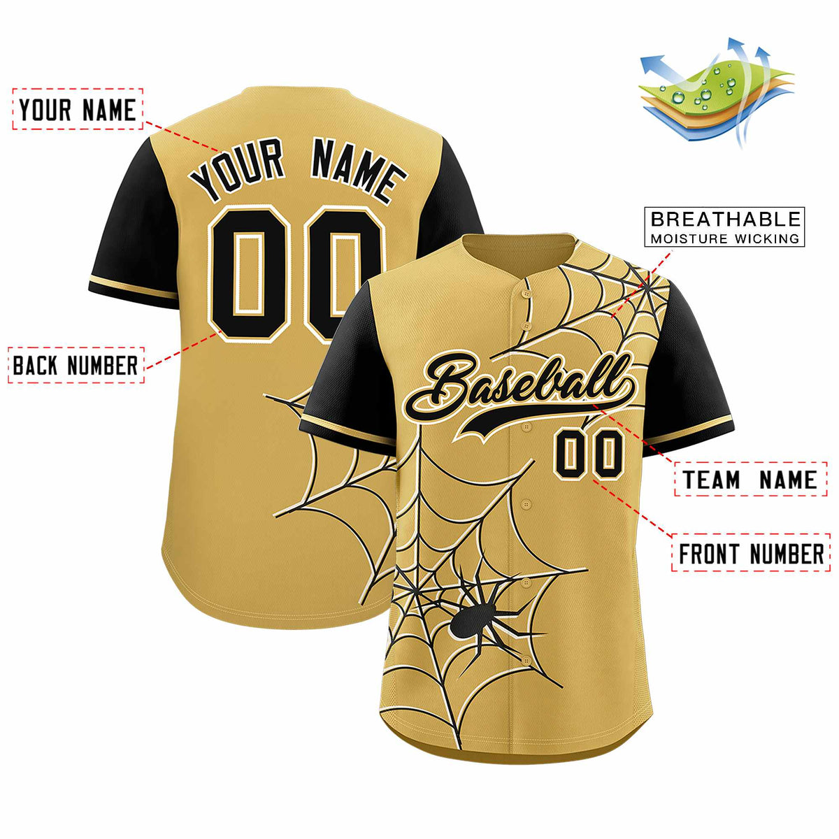Custom Old Gold-Black Spider Web Pattern Raglan Sleeves Authentic Baseball Jersey | KXKSHOP