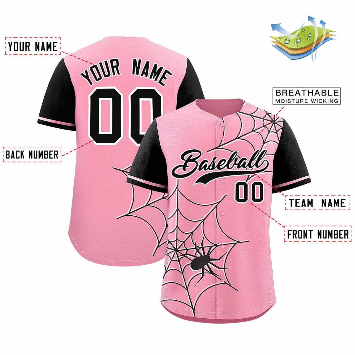 Custom Light Pink-Black Spider Web Pattern Raglan Sleeves Authentic Baseball Jersey | KXKSHOP