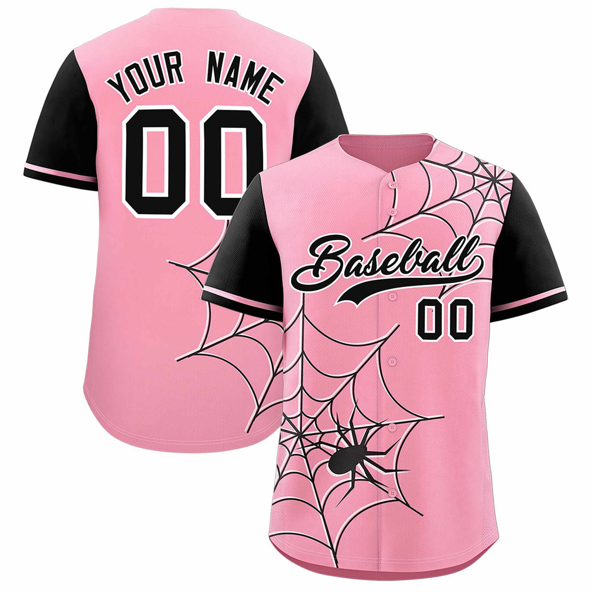 Custom Light Pink-Black Spider Web Pattern Raglan Sleeves Authentic Baseball Jersey | KXKSHOP