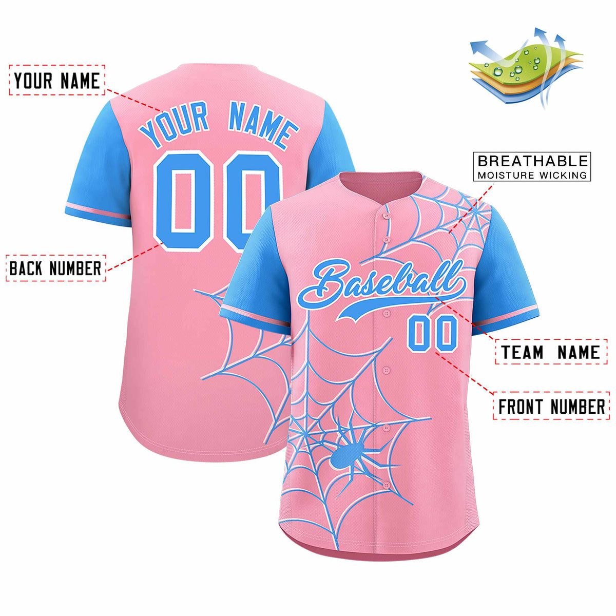 Custom Light Pink-Powder Blue Spider Web Pattern Raglan Sleeves Authentic Baseball Jersey | KXKSHOP