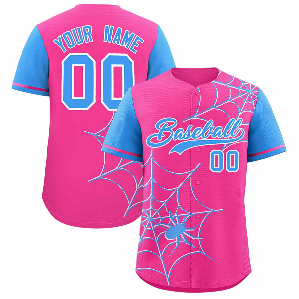 Custom Pink-Powder Blue Spider Web Pattern Raglan Sleeves Authentic Baseball Jersey | KXKSHOP