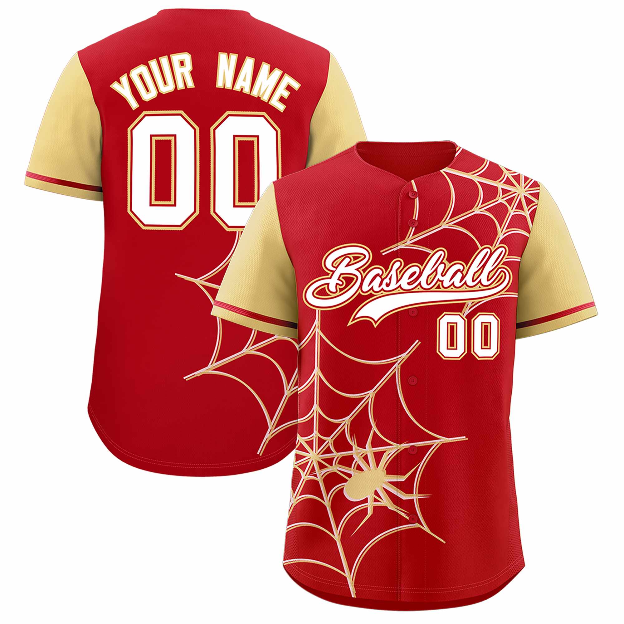 Custom Red-Khaki Spider Web Pattern Raglan Sleeves Authentic Baseball Jersey | KXKSHOP