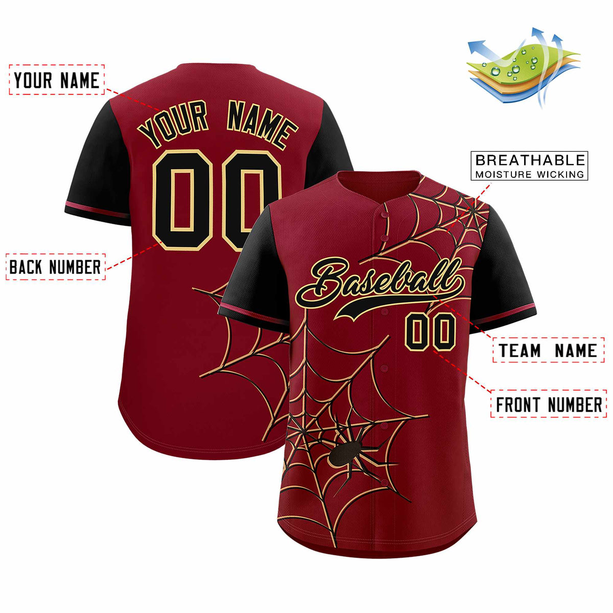 Custom Crimson-Black Spider Web Pattern Raglan Sleeves Authentic Baseball Jersey | KXKSHOP