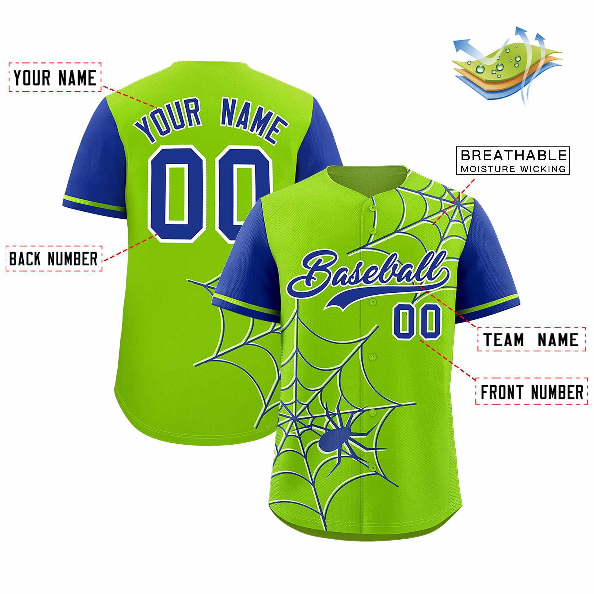 Custom Neon Green-Royal Spider Web Pattern Raglan Sleeves Authentic Baseball Jersey | KXKSHOP