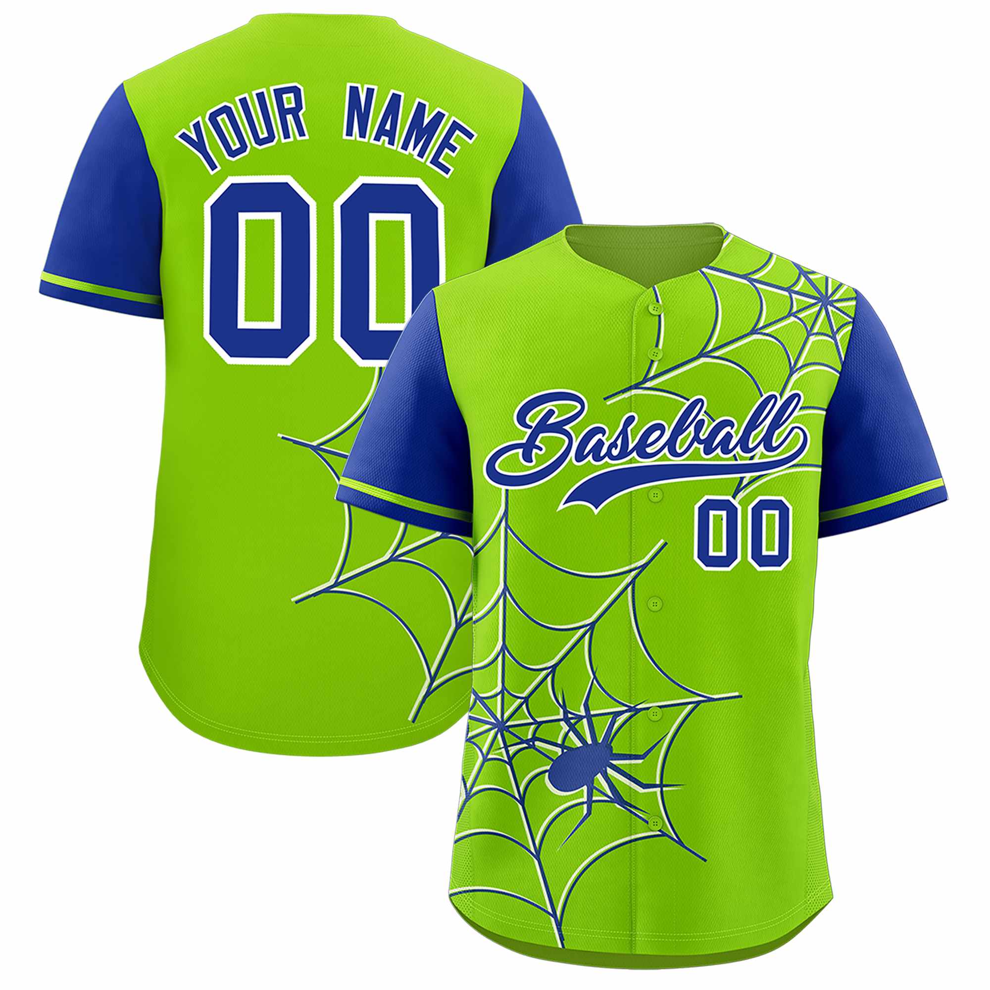 Custom Neon Green-Royal Spider Web Pattern Raglan Sleeves Authentic Baseball Jersey | KXKSHOP