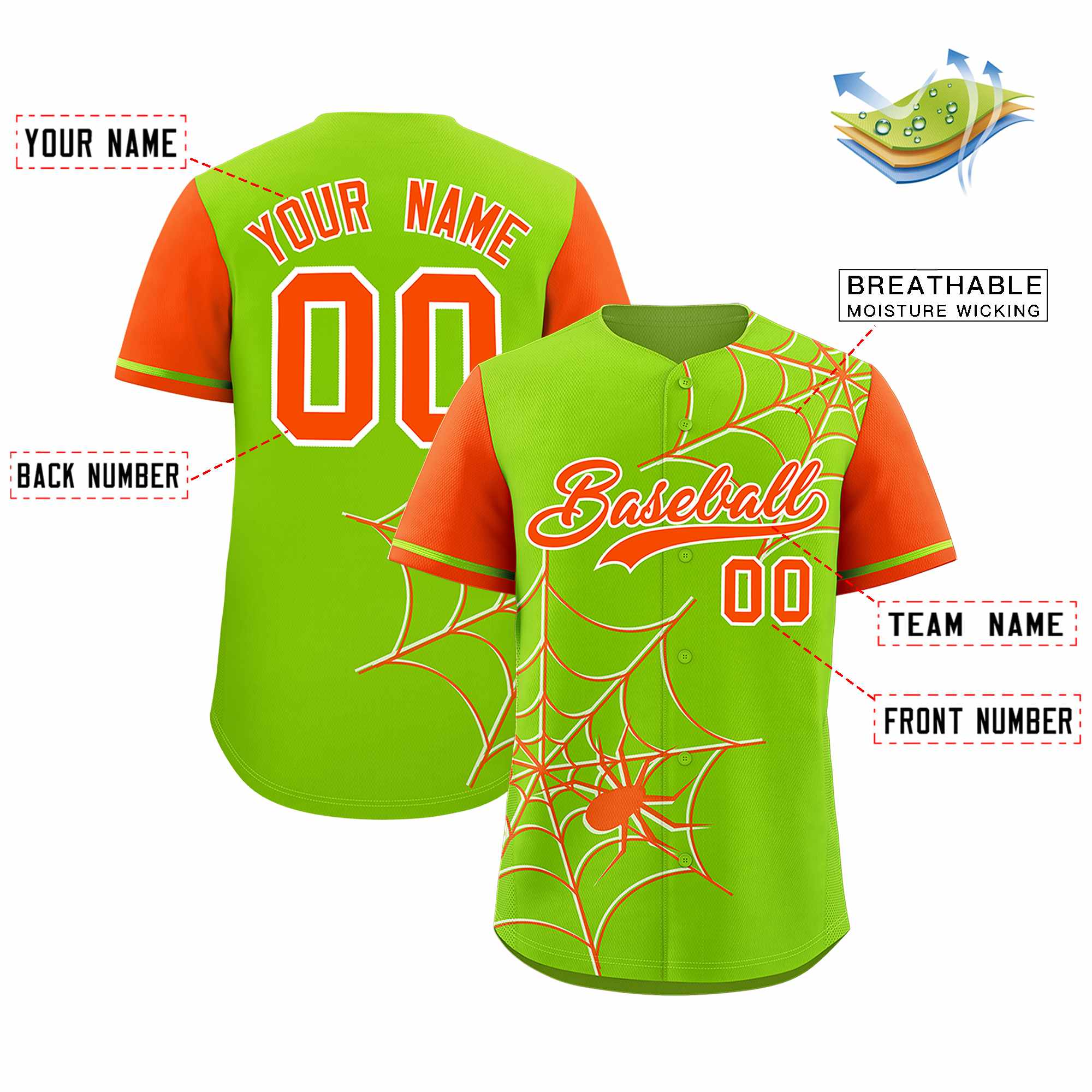 Custom Neon Green-Orange Spider Web Pattern Raglan Sleeves Authentic Baseball Jersey | KXKSHOP