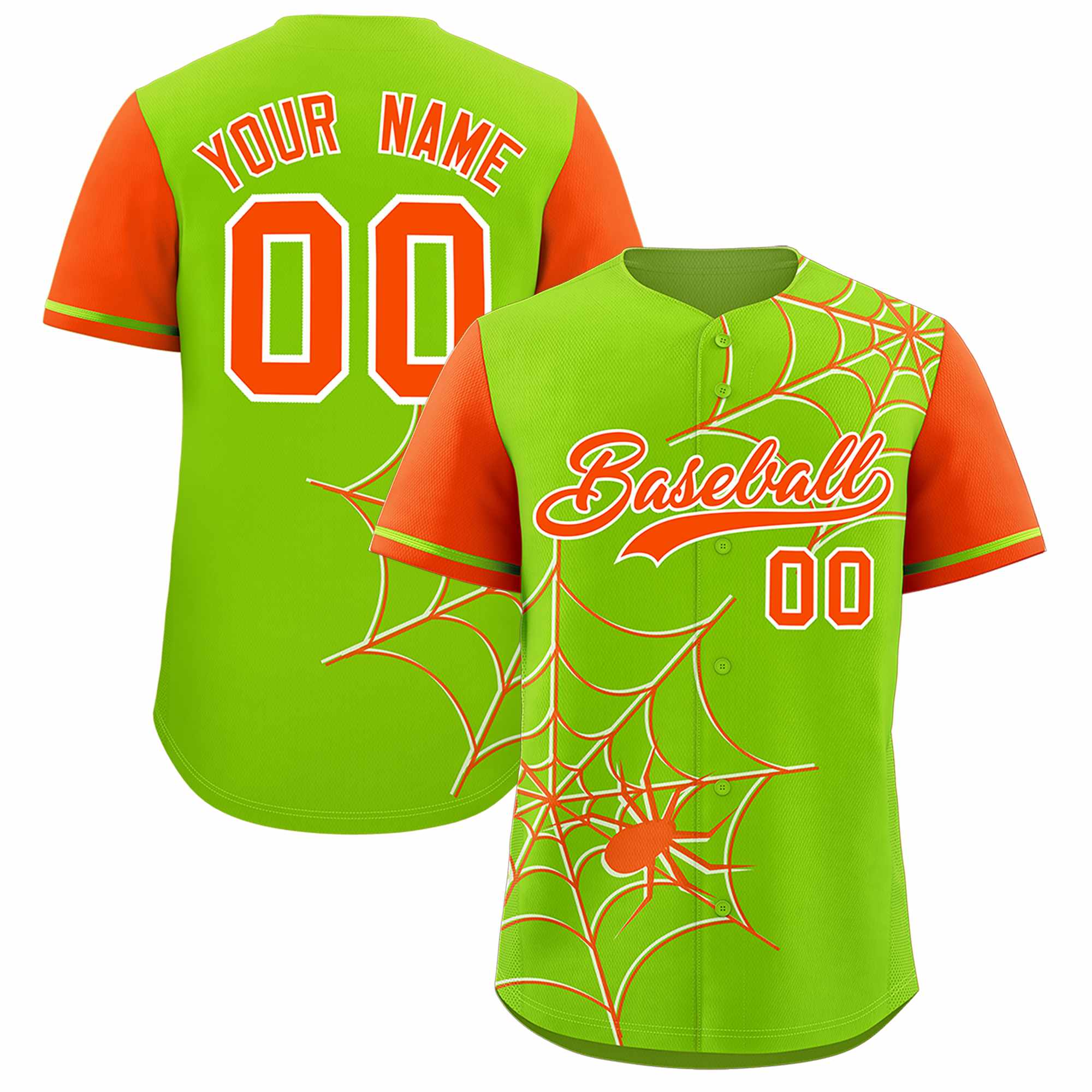 Custom Neon Green-Orange Spider Web Pattern Raglan Sleeves Authentic Baseball Jersey | KXKSHOP