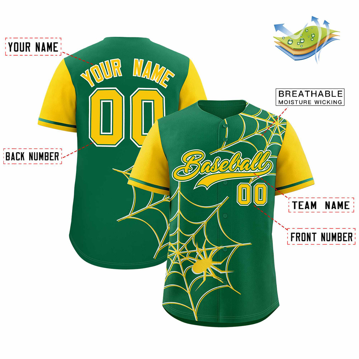 Custom Kelly Green-Gold Spider Web Pattern Raglan Sleeves Authentic Baseball Jersey | KXKSHOP