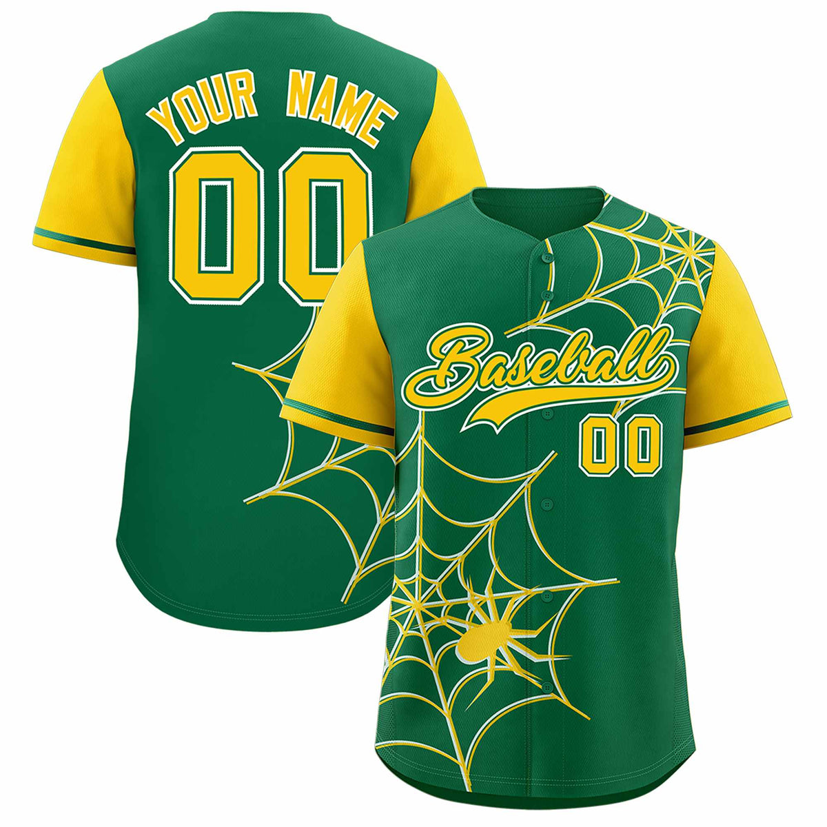 Custom Kelly Green-Gold Spider Web Pattern Raglan Sleeves Authentic Baseball Jersey | KXKSHOP