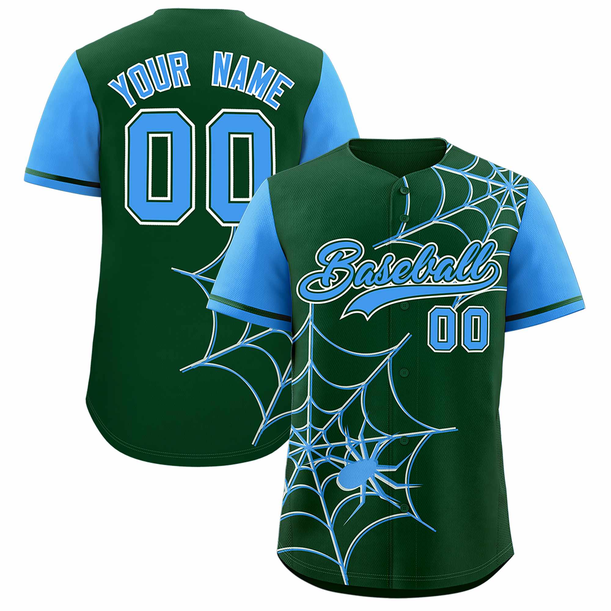 Custom Green-Powder Blue Spider Web Pattern Raglan Sleeves Authentic Baseball Jersey | KXKSHOP